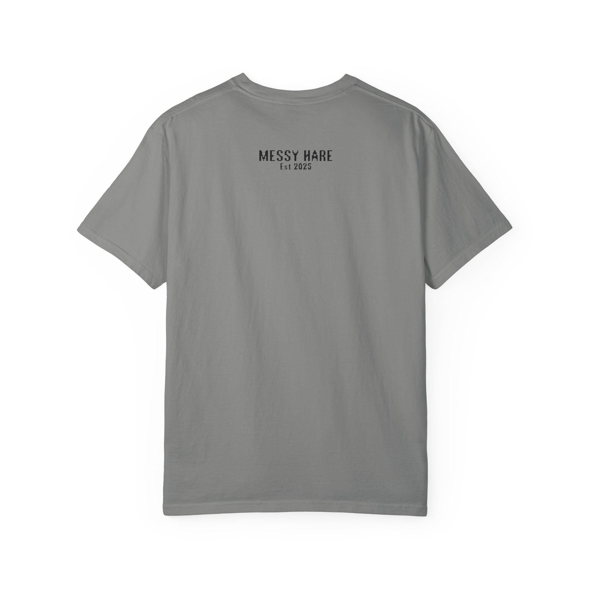 Gray t-shirt with 'Messy Hare' logo on the back against a white background
