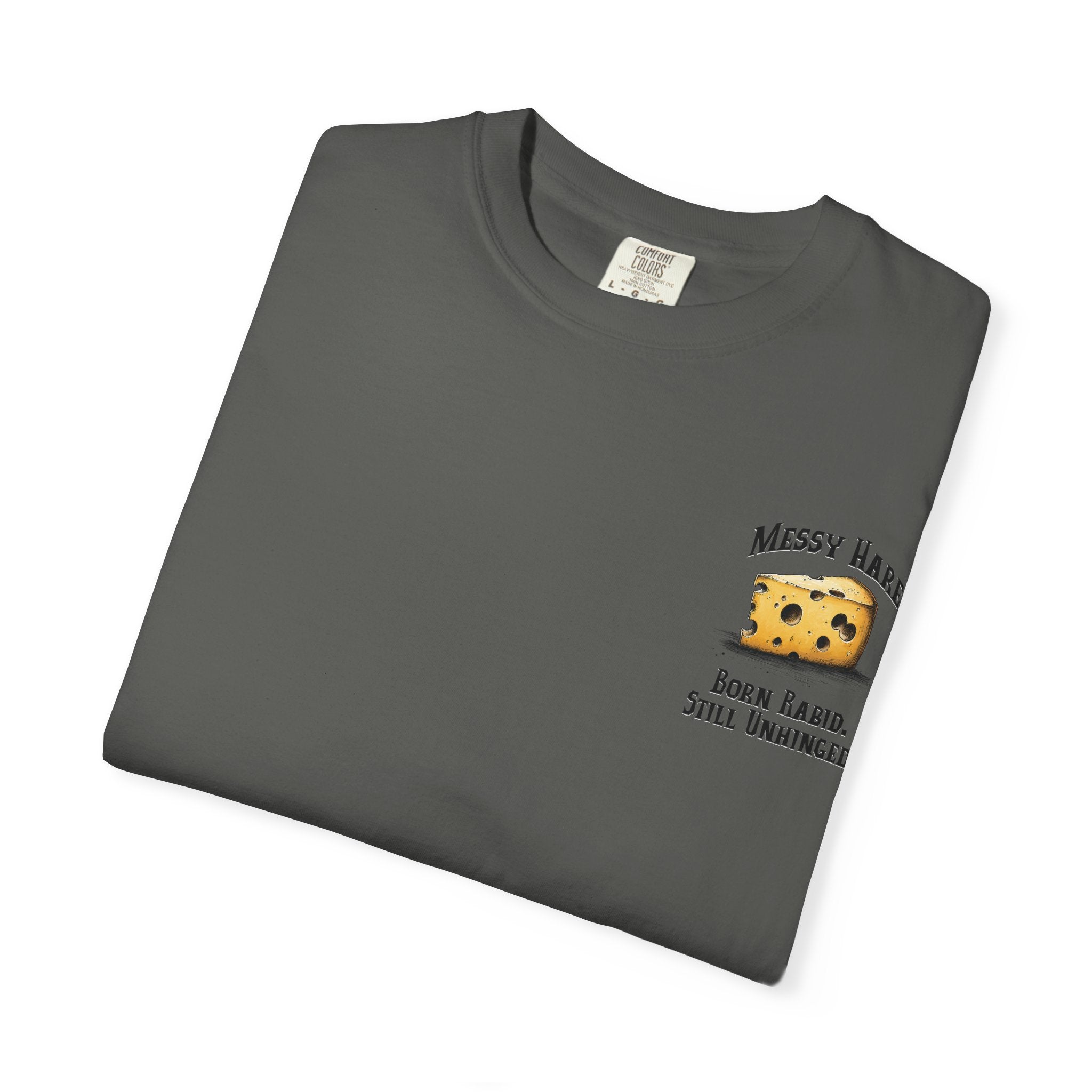 Folded gray t-shirt with a logo and text on a white background
