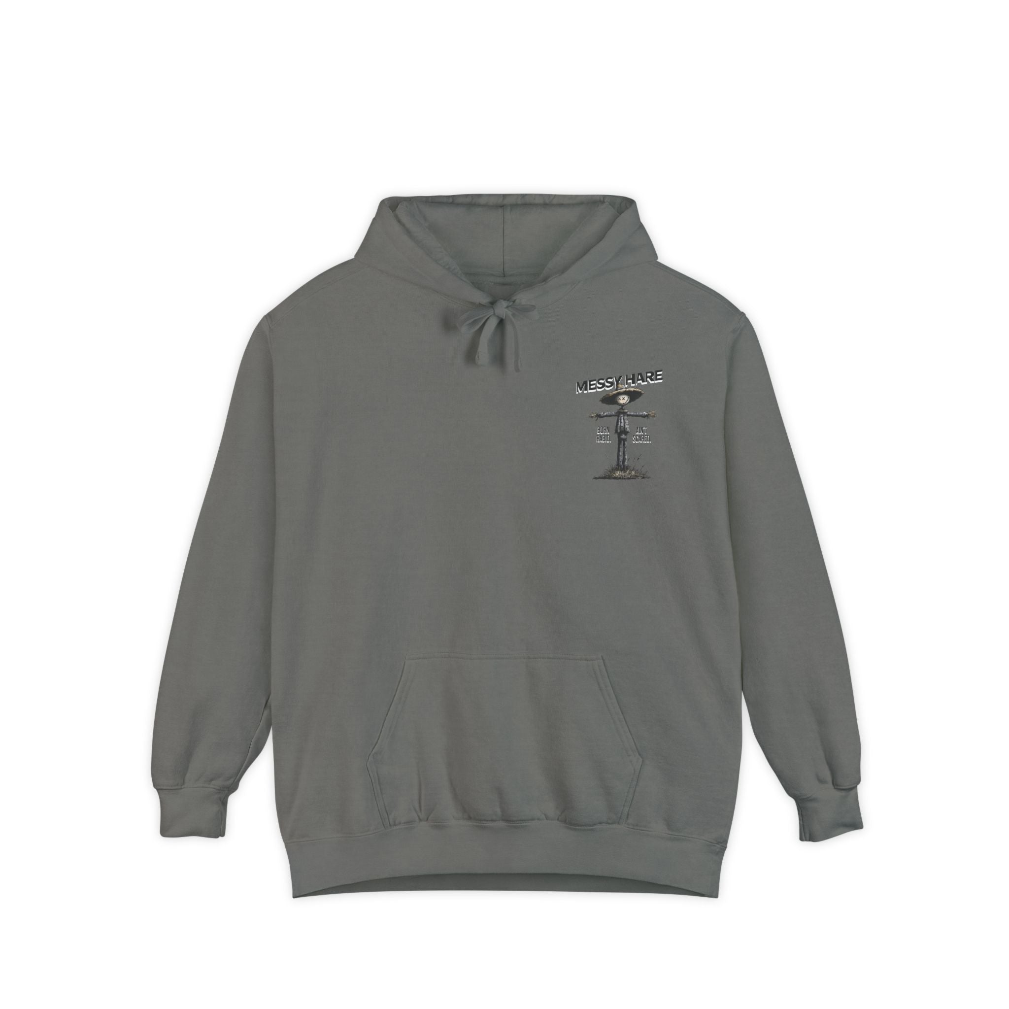 Gray hoodie with a small graphic on the chest against a white background
