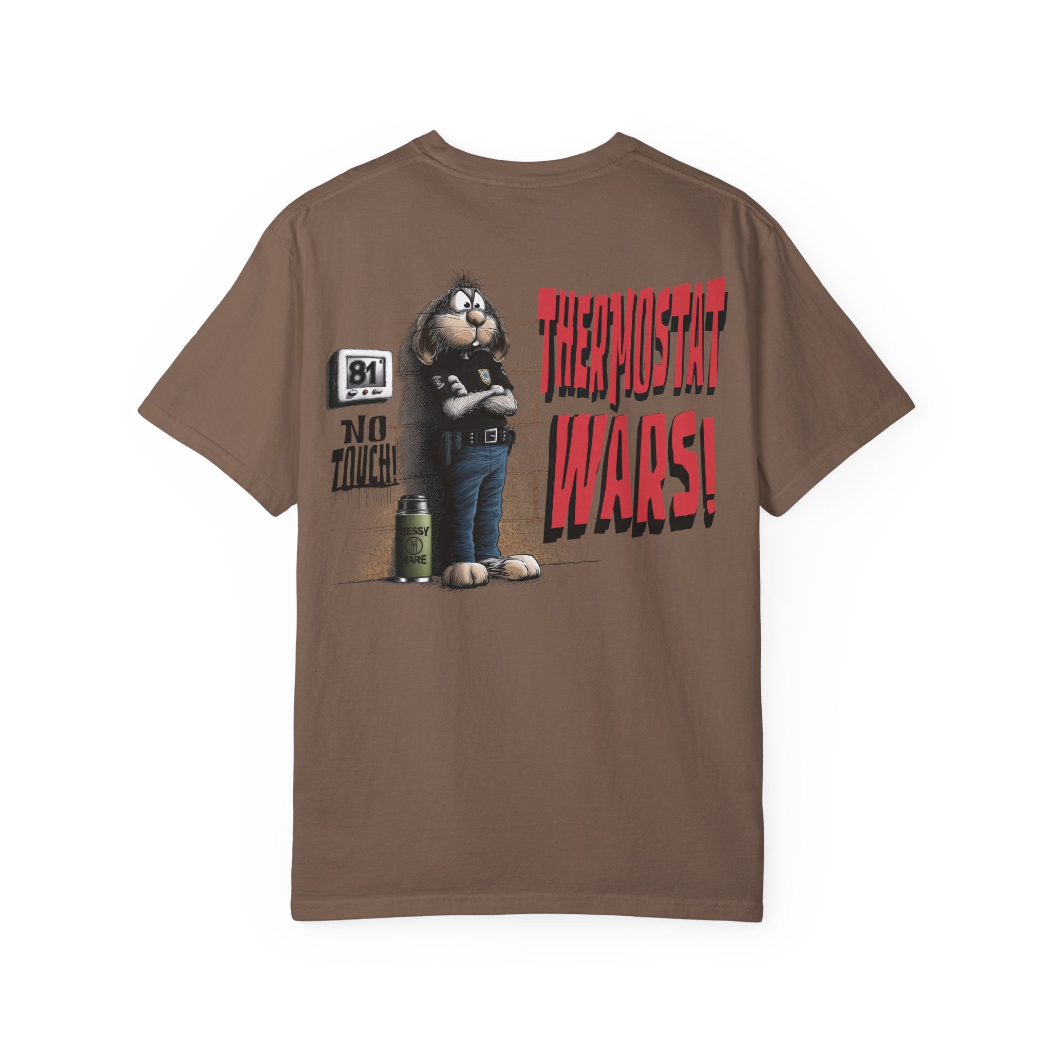 Brown t-shirt with a graphic design on the back featuring a character and text.