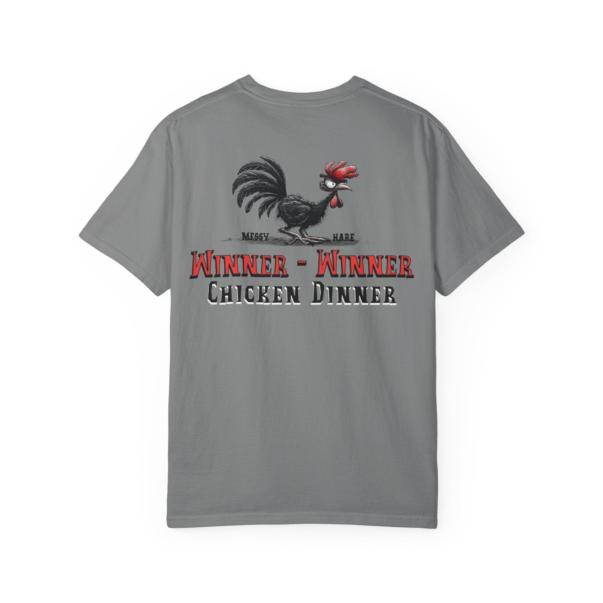 Gray t-shirt with rooster graphic and text on a white background