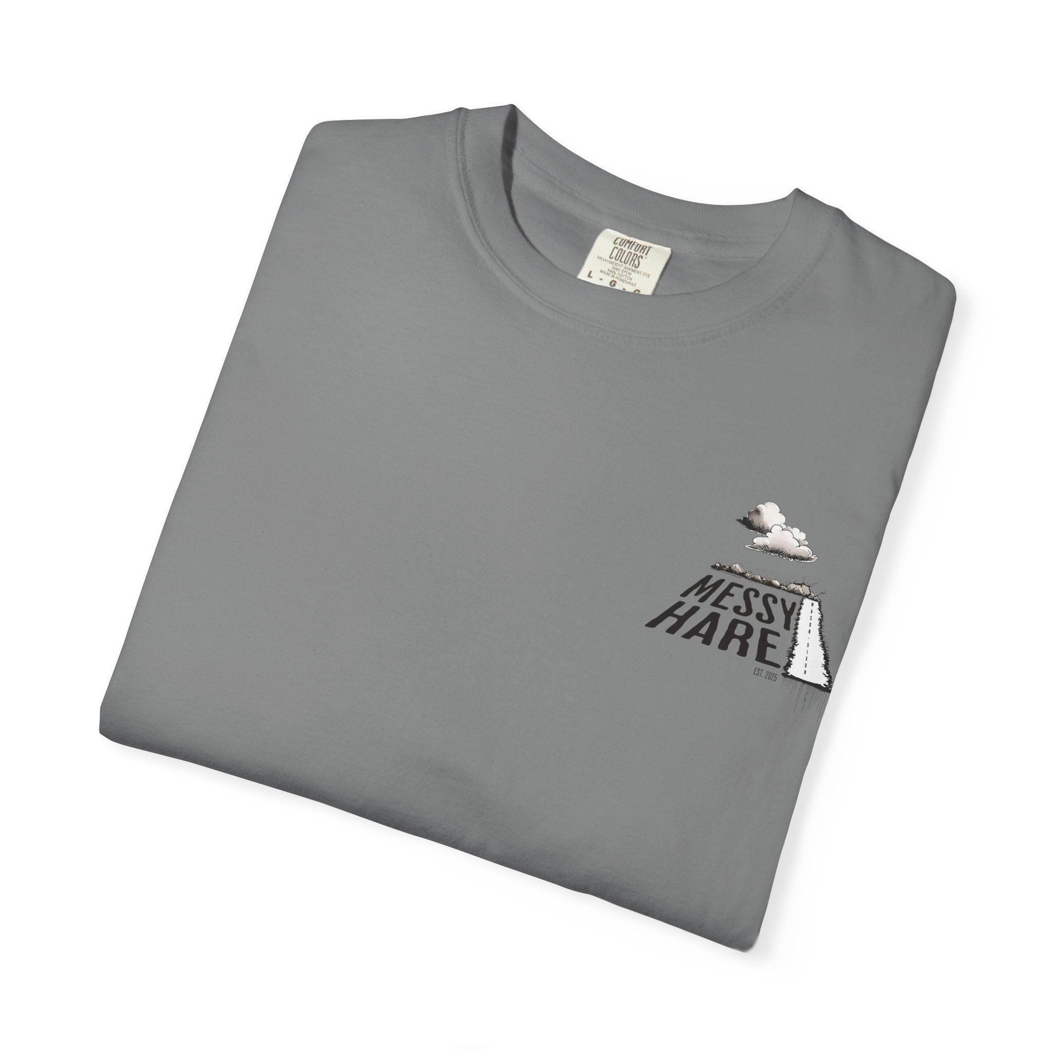 Folded gray t-shirt with 'Messy Hare' logo on a white background