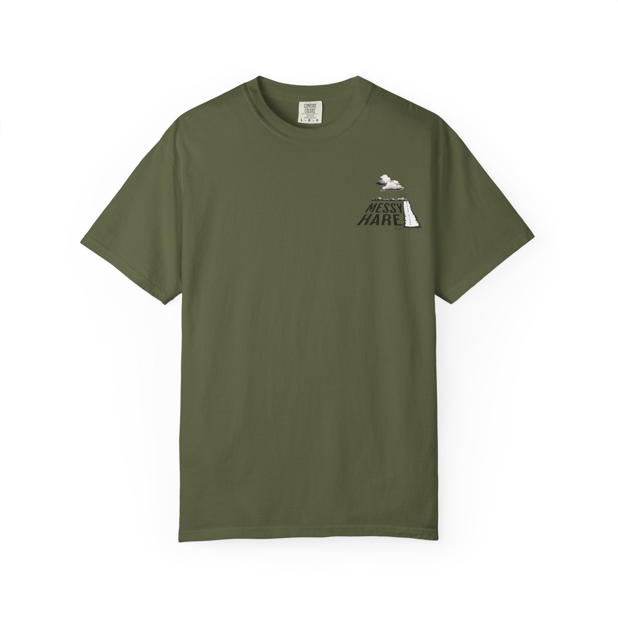 Green t-shirt with a small graphic on a white background