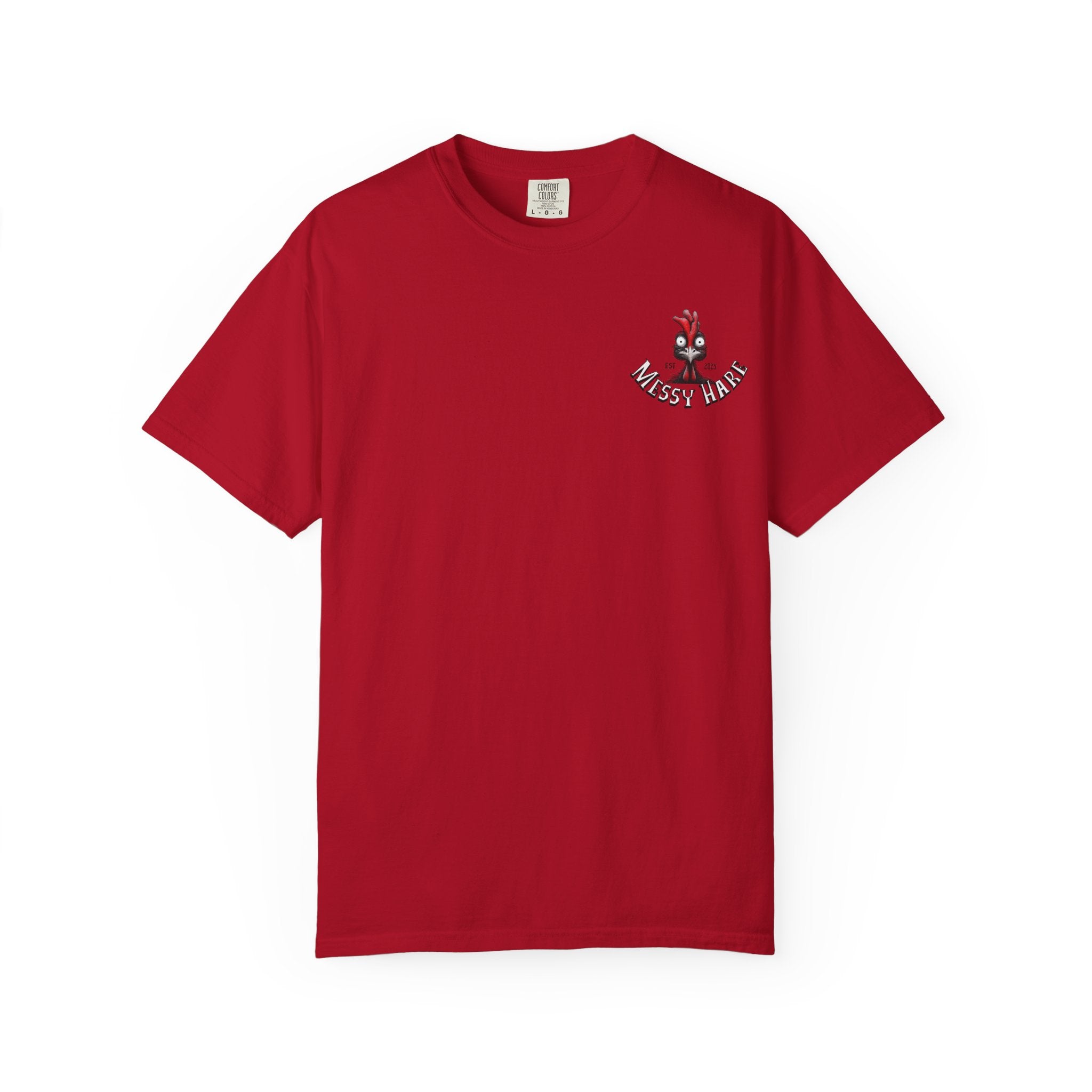 Red t-shirt with a logo on the chest against a white background