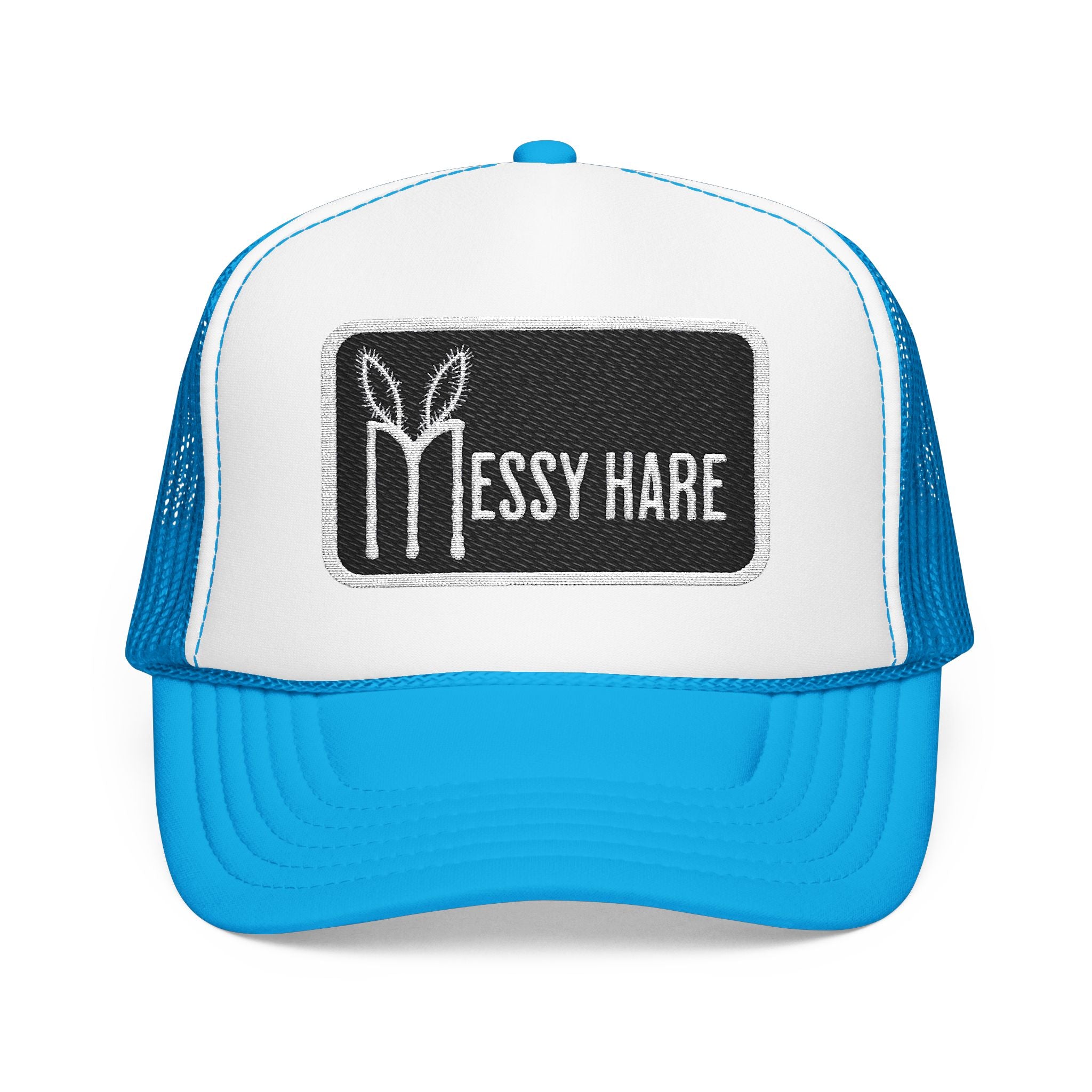 Blue and white cap with 'Messy Hare' logo on a white background