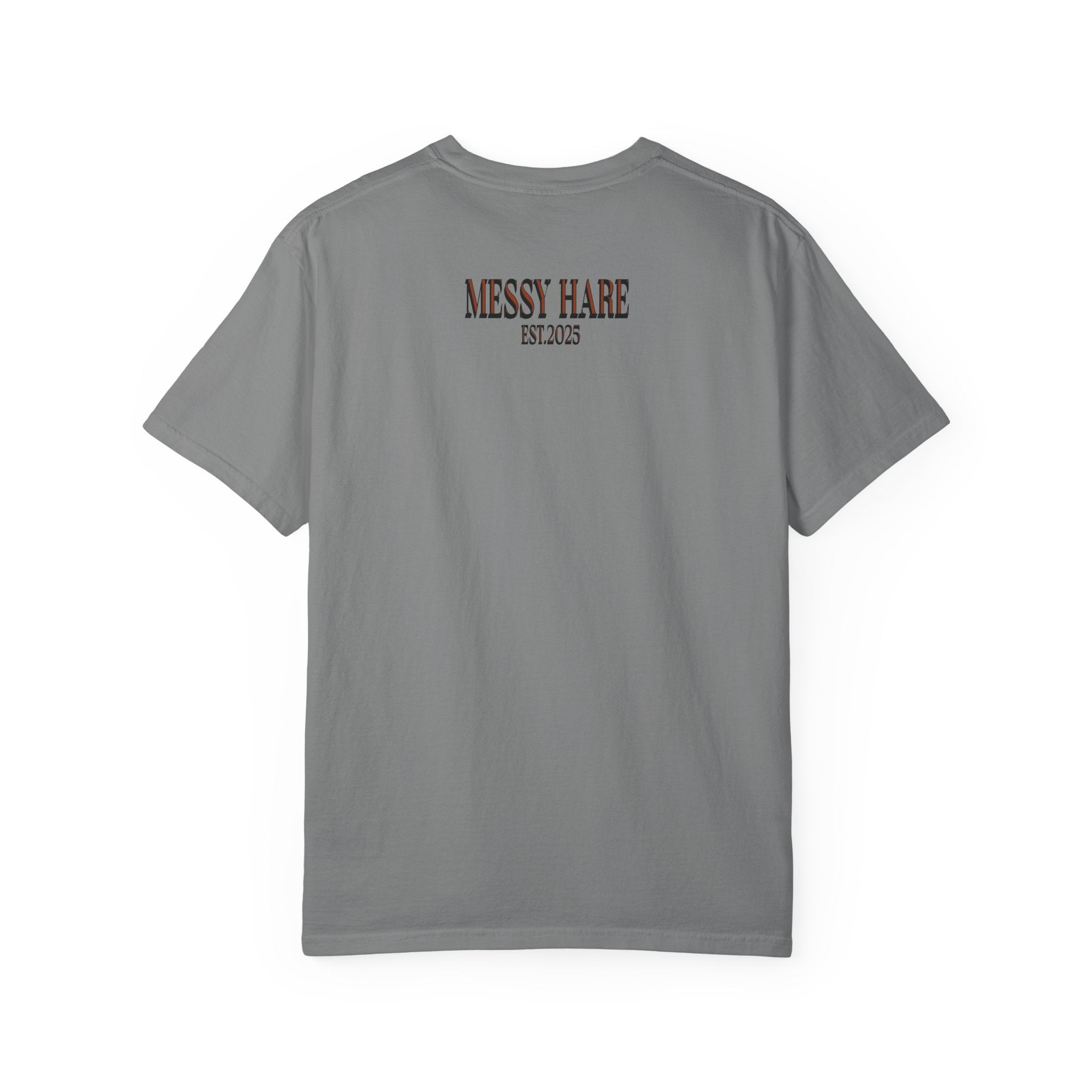 Gray t-shirt with 'Messy Hare' logo on the back against a white background