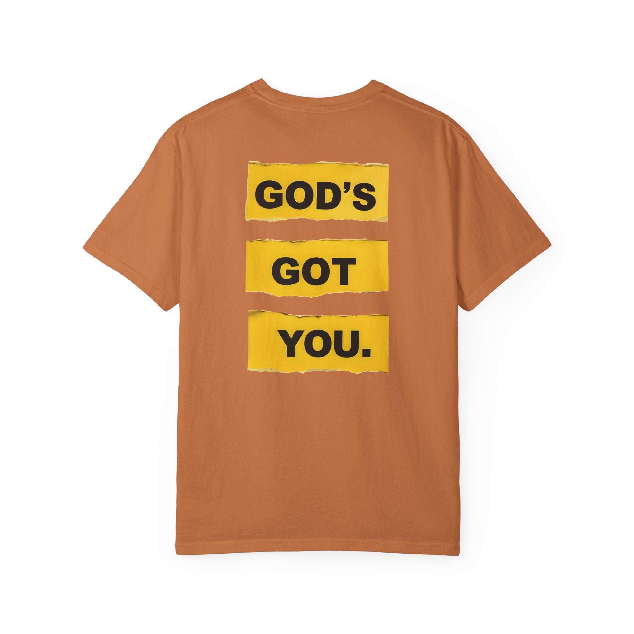 Brown t-shirt with 'GOD'S GOT YOU.' text on the back against a white background