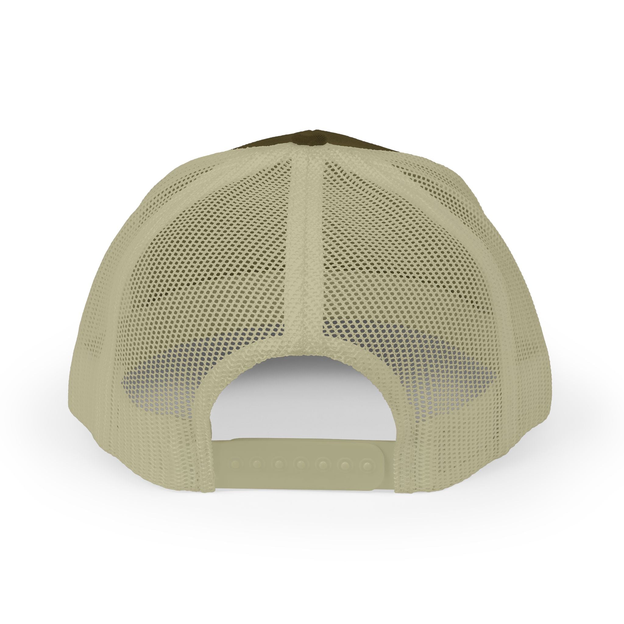 Back view of a green and brown cap with mesh design on a white background