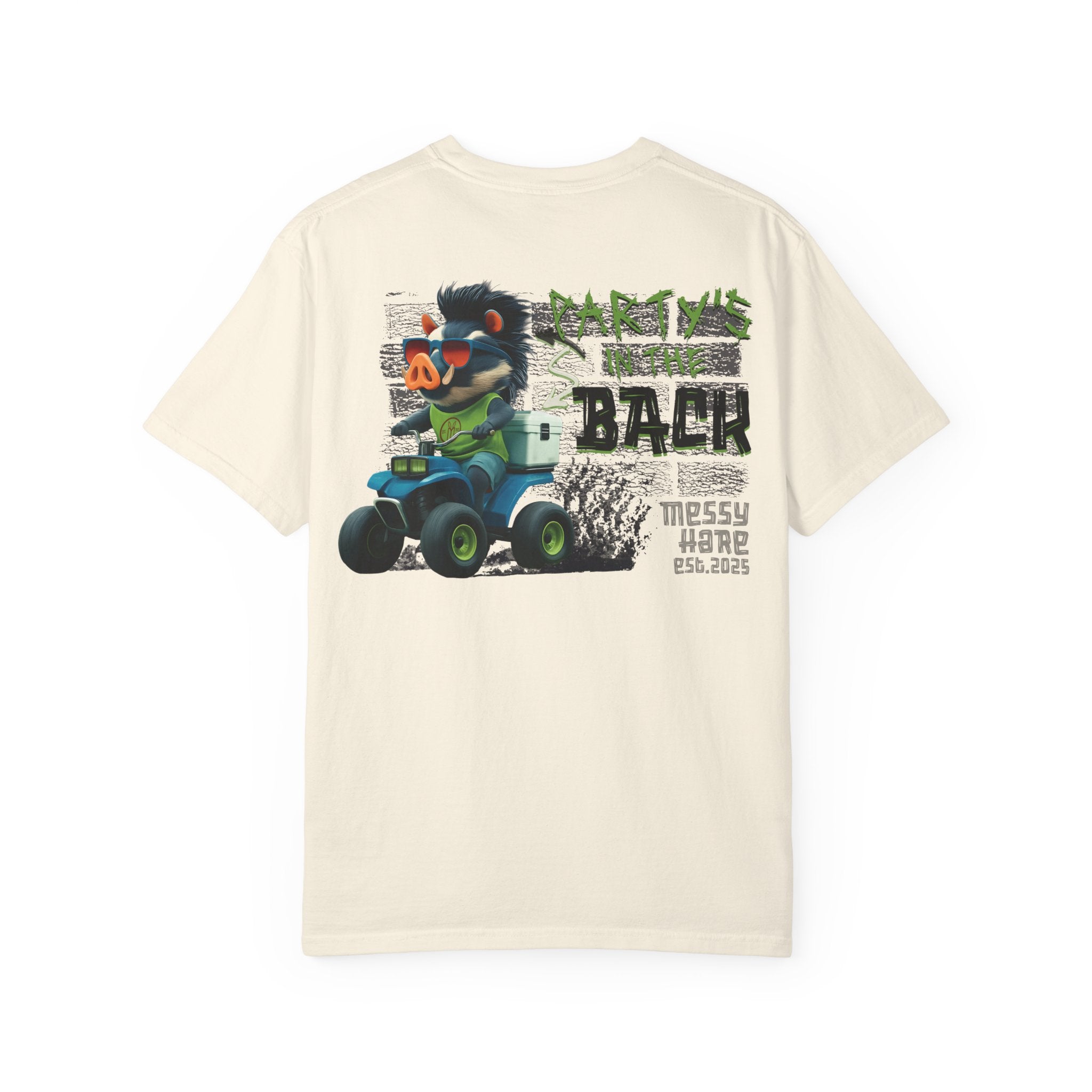 Beige t-shirt with cartoon character and text on a white background