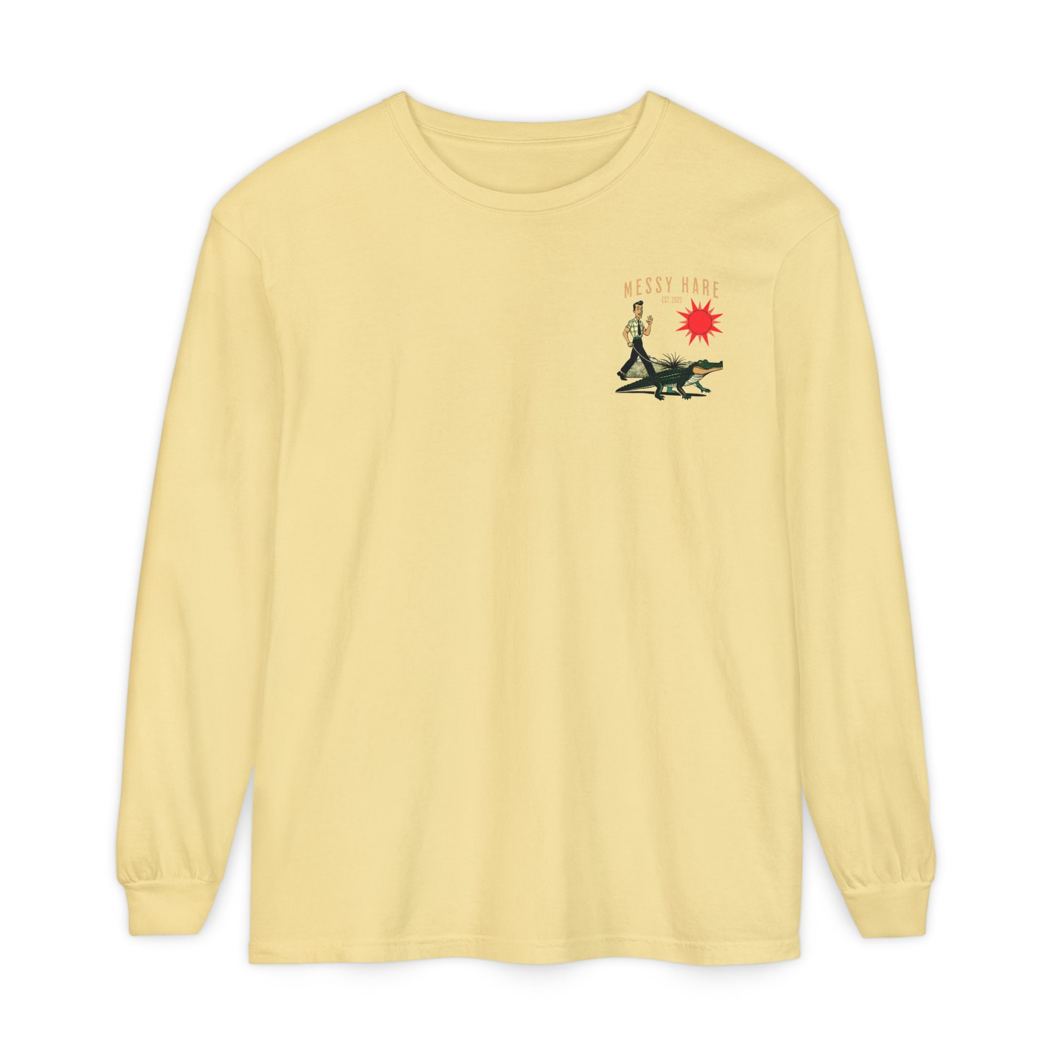 Yellow long-sleeve shirt with graphic design on a white background