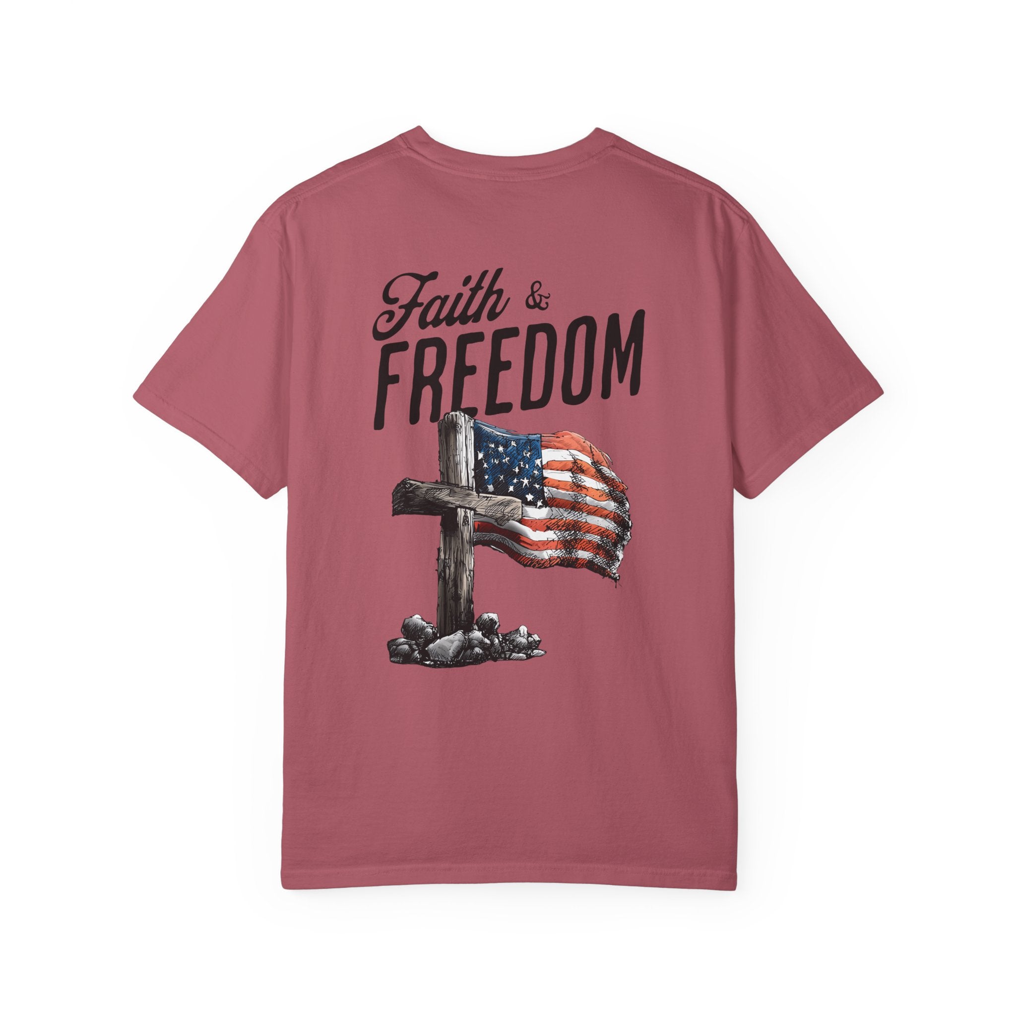 Red t-shirt with 'Faith & Freedom' text and American flag design on a white background