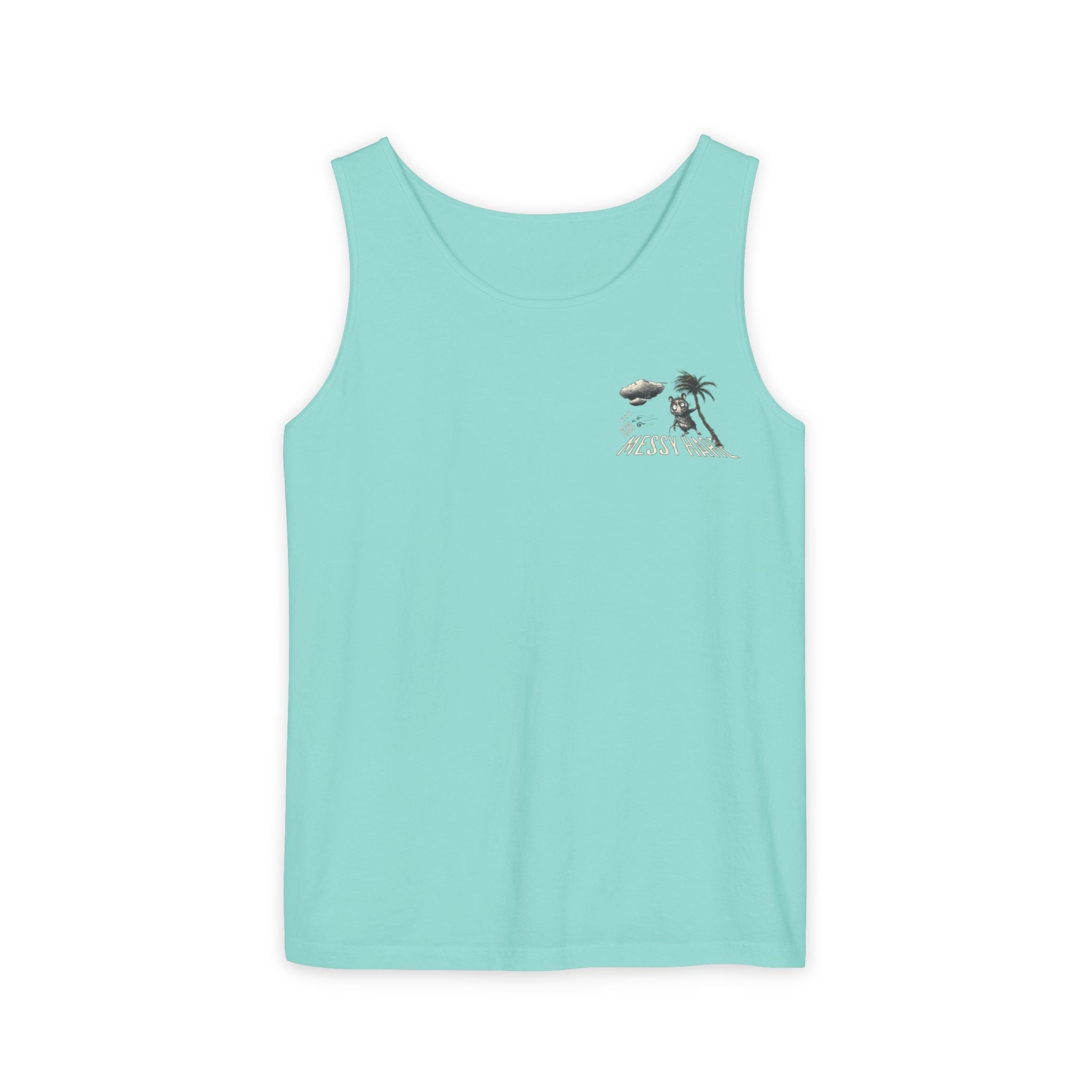 Light blue tank top with a small graphic on a white background