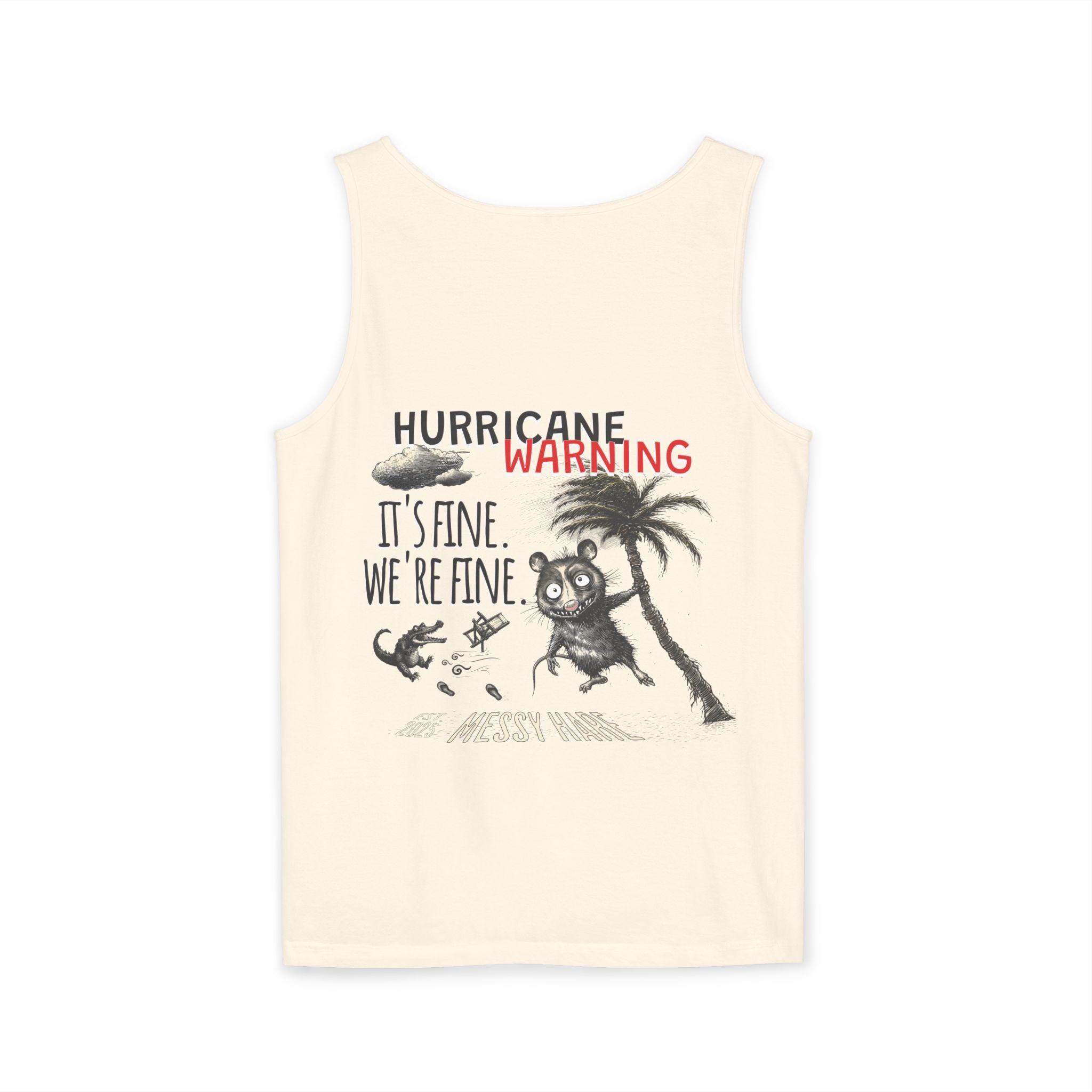 Beige tank top with graphic design and text on a white background
