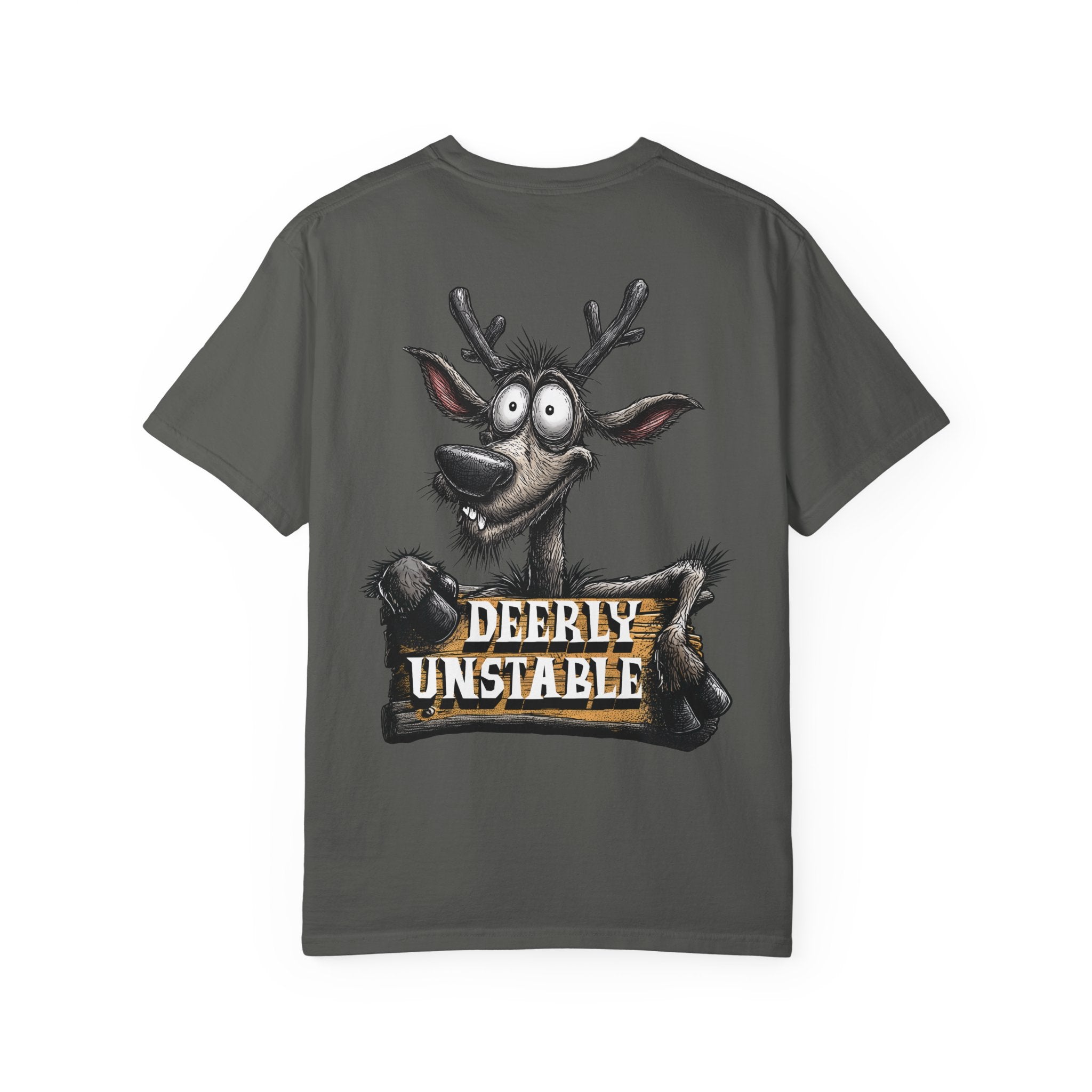Gray t-shirt with a cartoon deer and 'Deerly Unstable' text on a white background