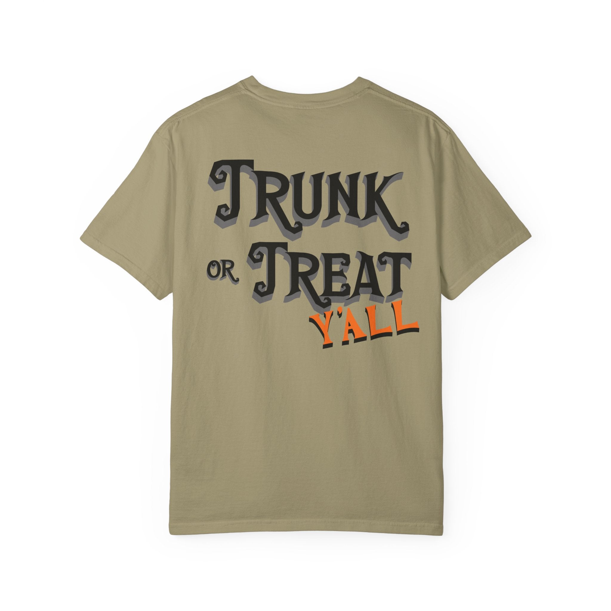 Khaki t-shirt with 'Trunk or Treat Y'all' text on a white background