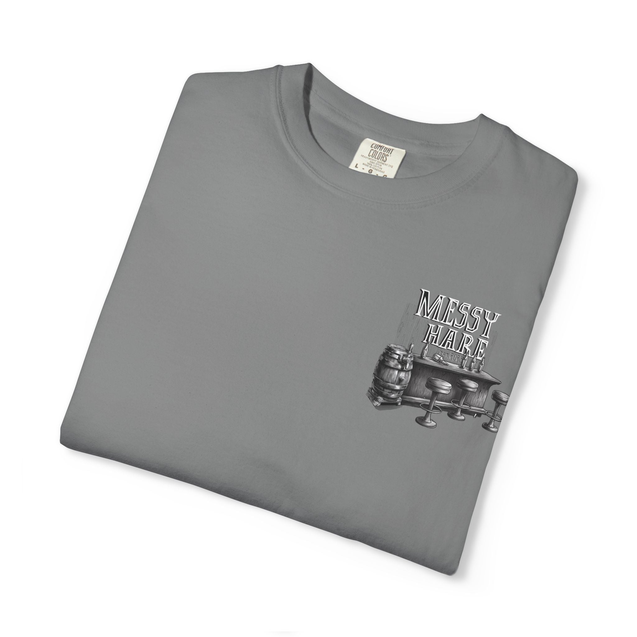 Folded gray t-shirt with 'Messy Mare' graphic on a white background