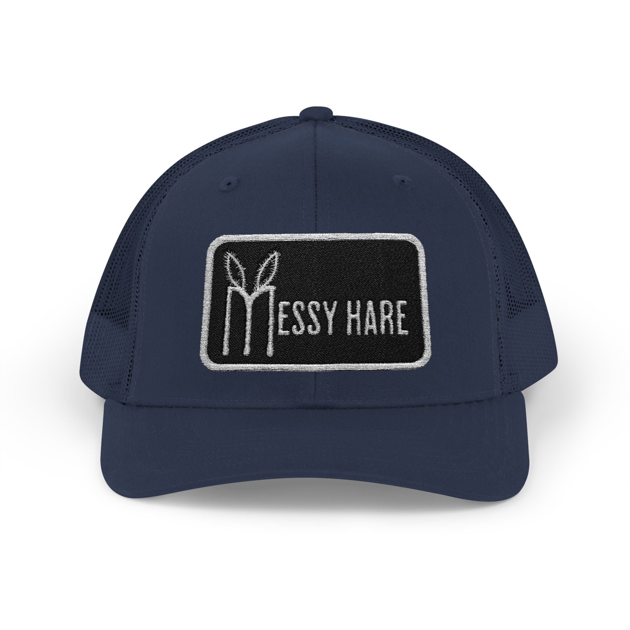 Navy blue cap with 'Messy Hare' logo on a white background