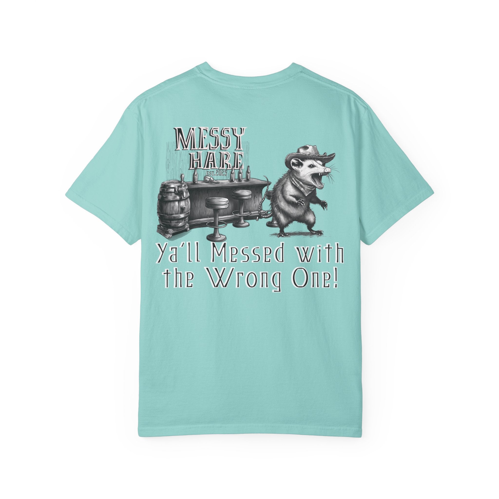 Light blue t-shirt with graphic design and text on a white background