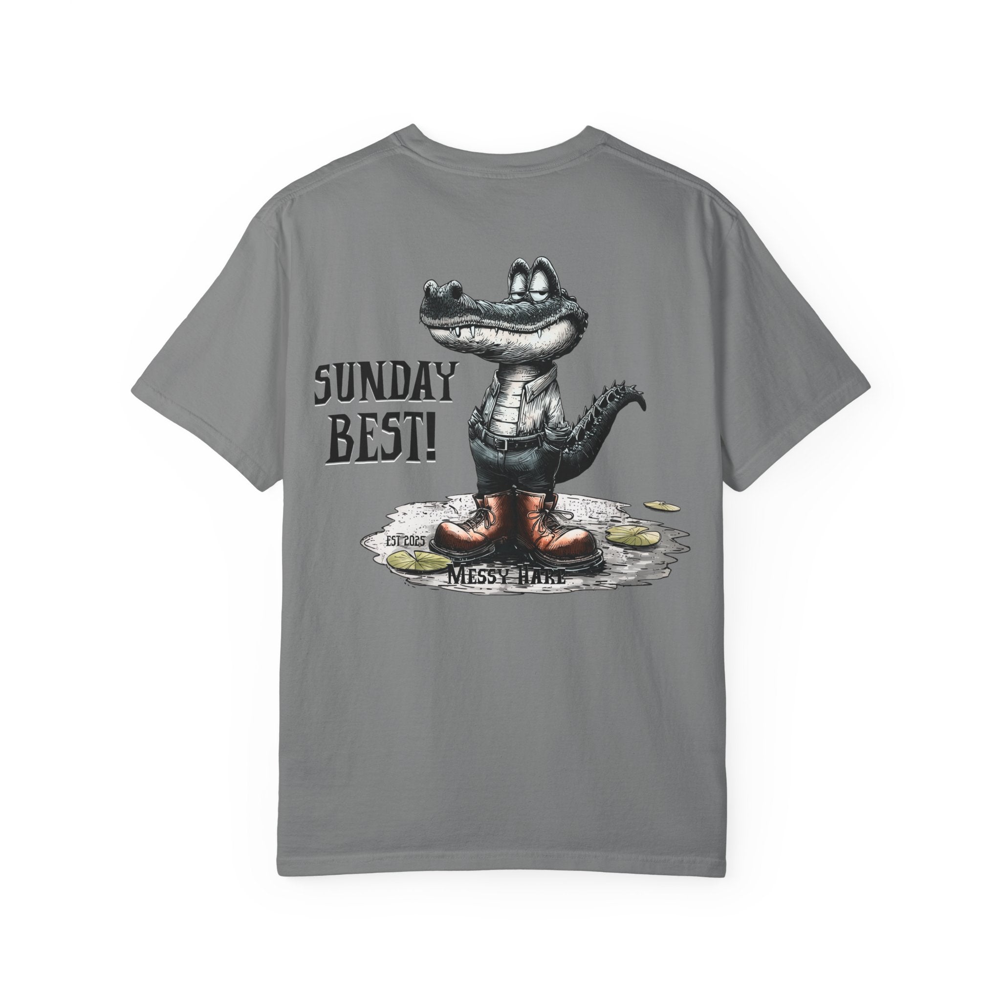 Gray t-shirt with alligator graphic and 'Sunday Best!' text on a white background