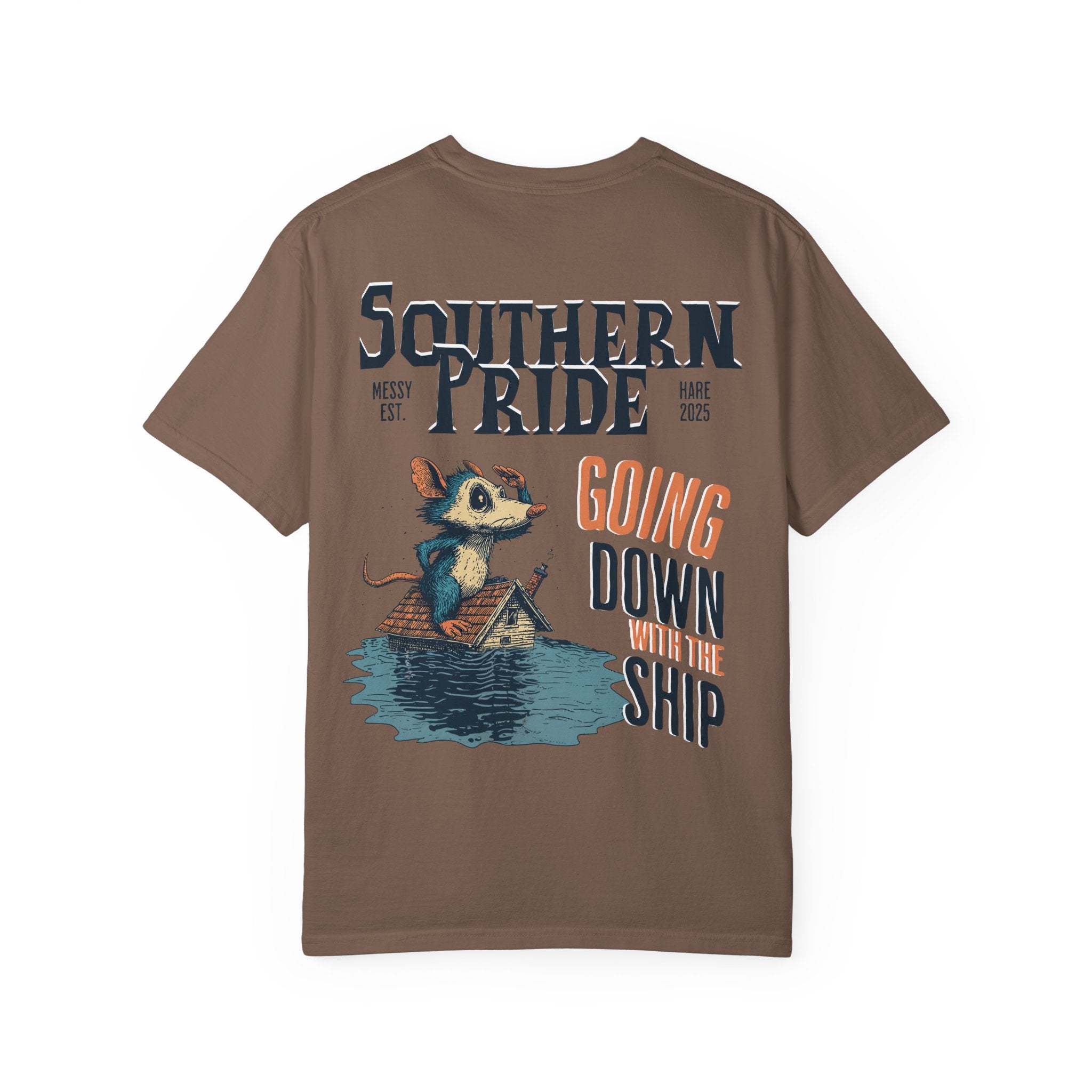 Brown t-shirt with graphic design and text on a white background