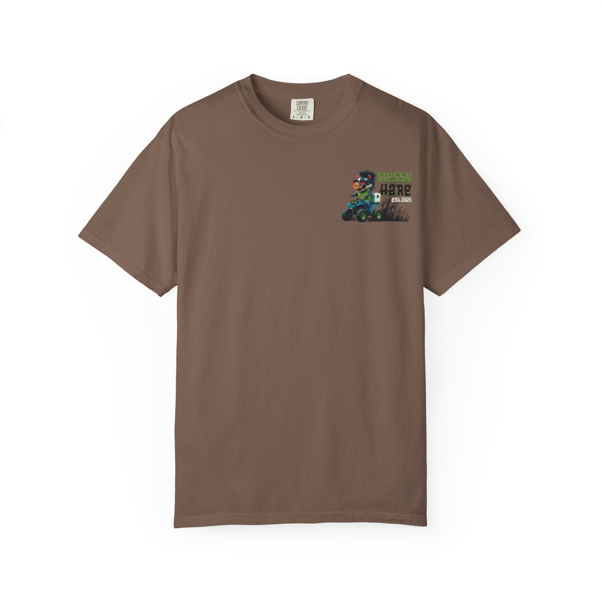 Brown t-shirt with a graphic design on a white background