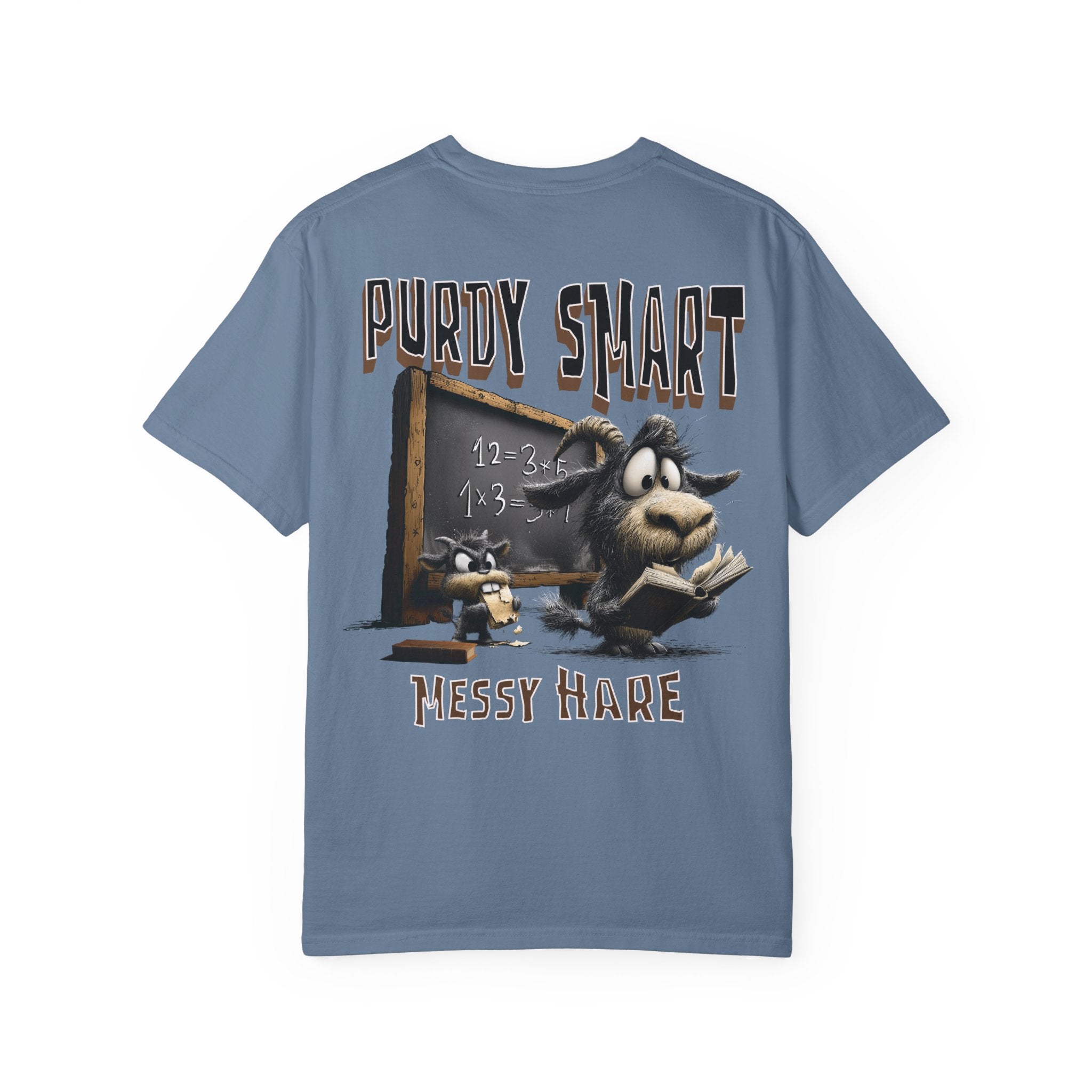 Blue t-shirt with cartoon characters and text on a white background