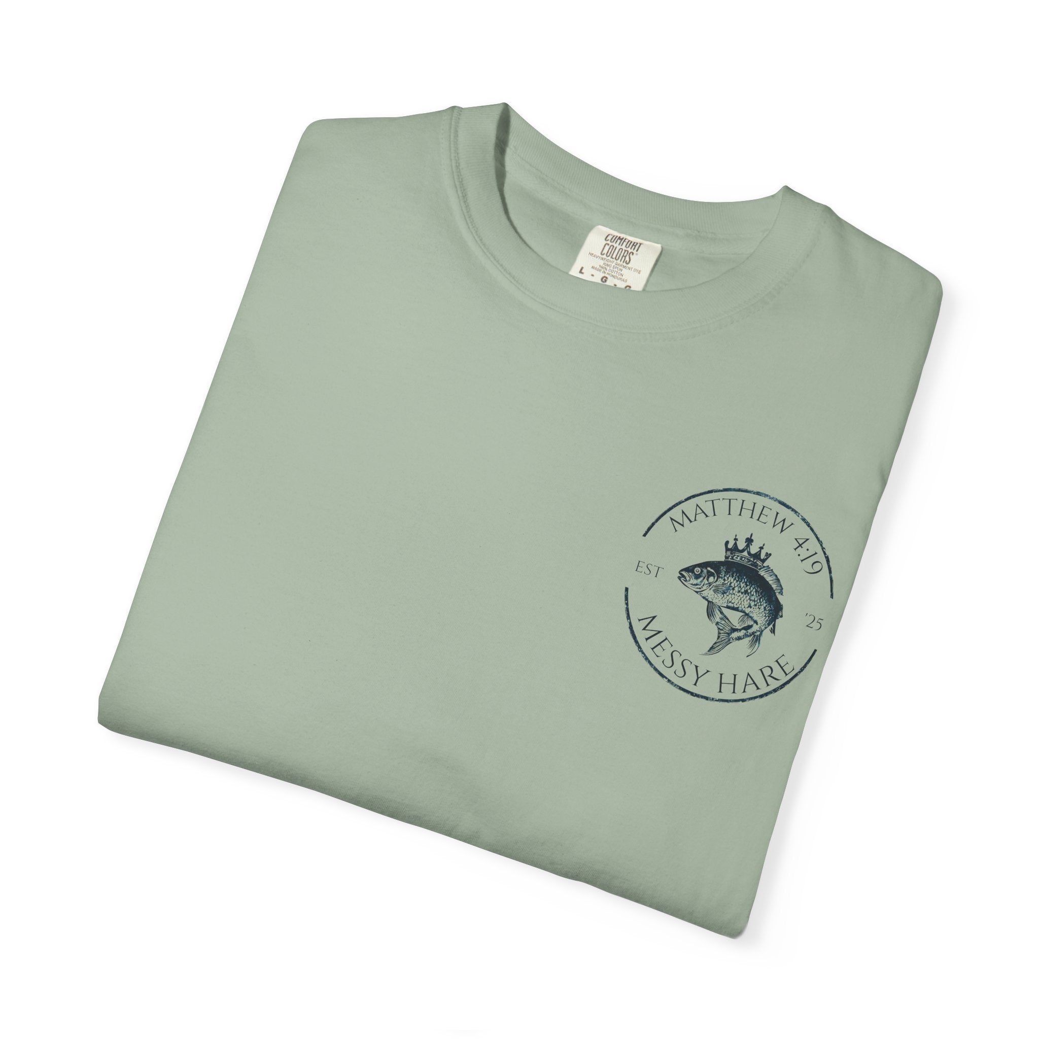 Folded green t-shirt with a logo and text on a white background