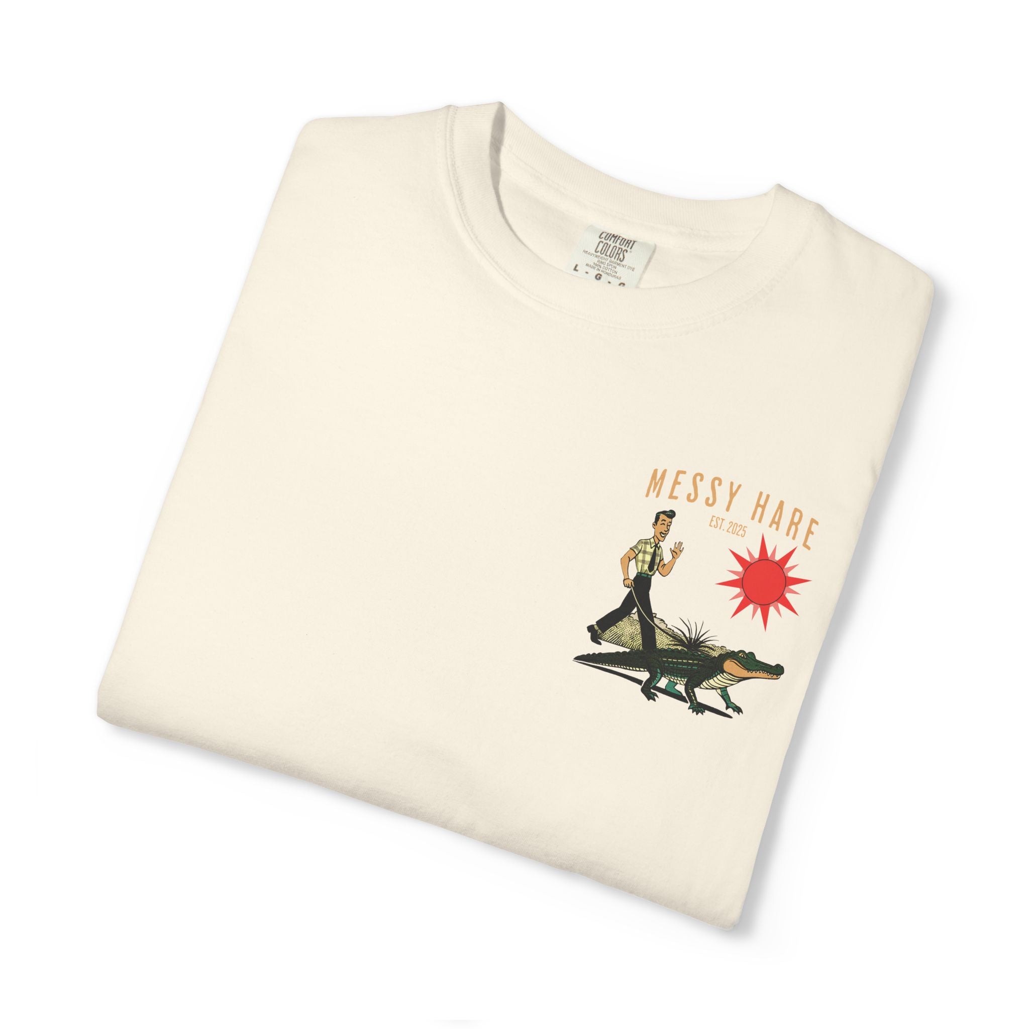 Folded t-shirt with a graphic design on a white background