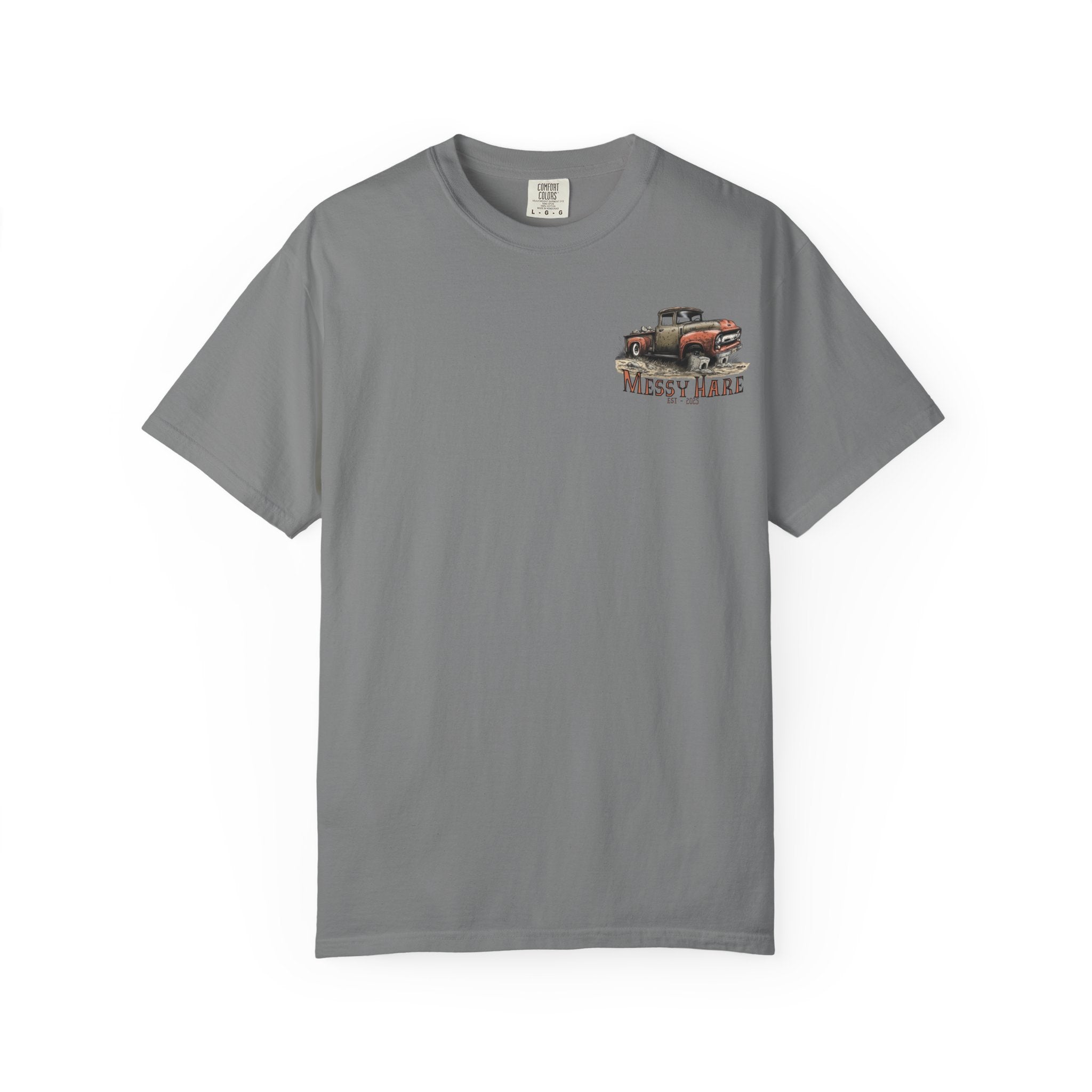 Gray t-shirt with a graphic design on a white background