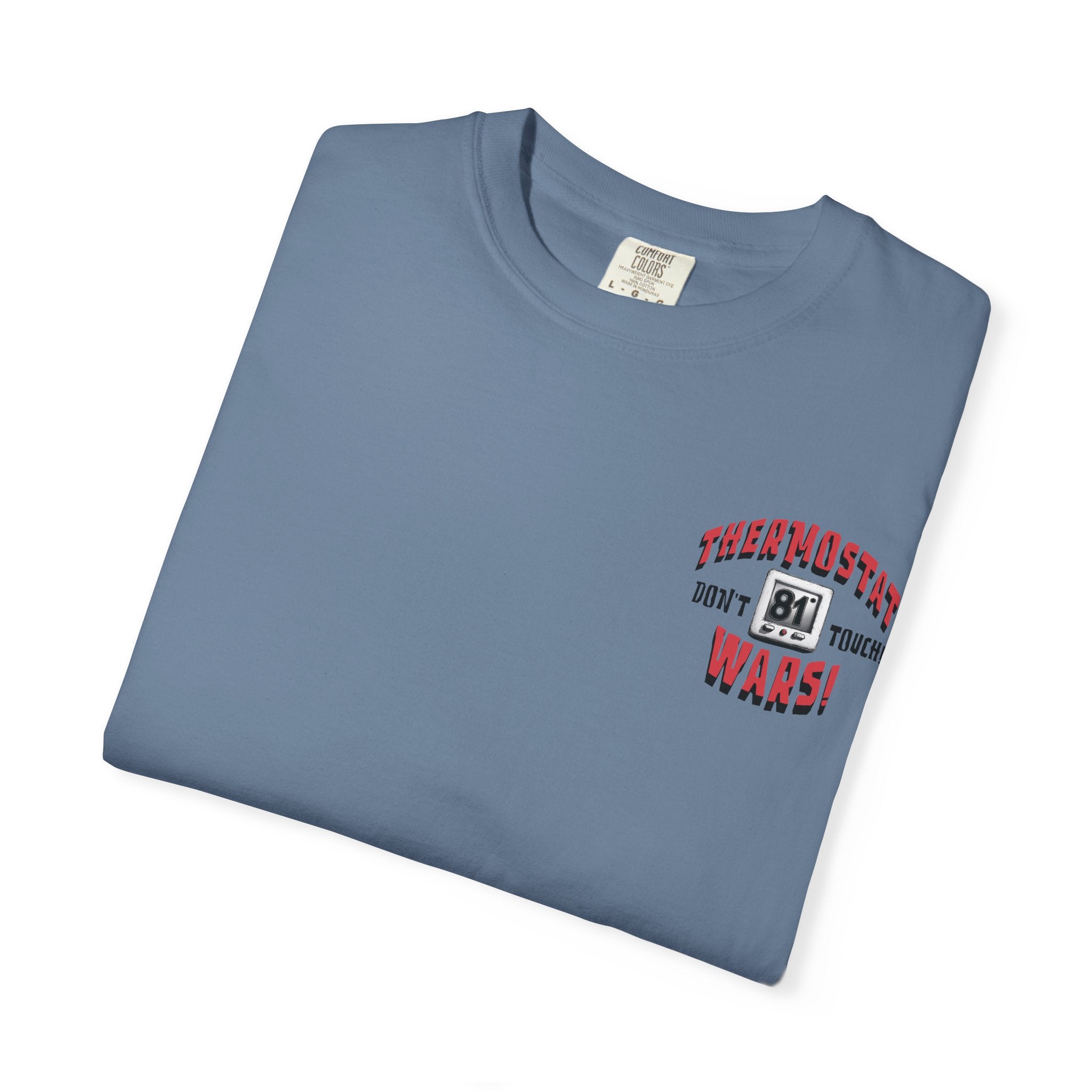 Folded blue t-shirt with text design on a white background