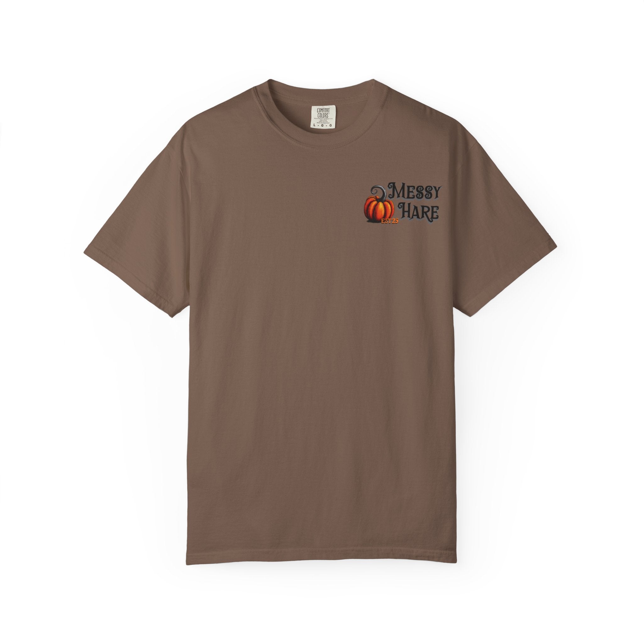 Brown t-shirt with 'Messy Hare' logo on a white background