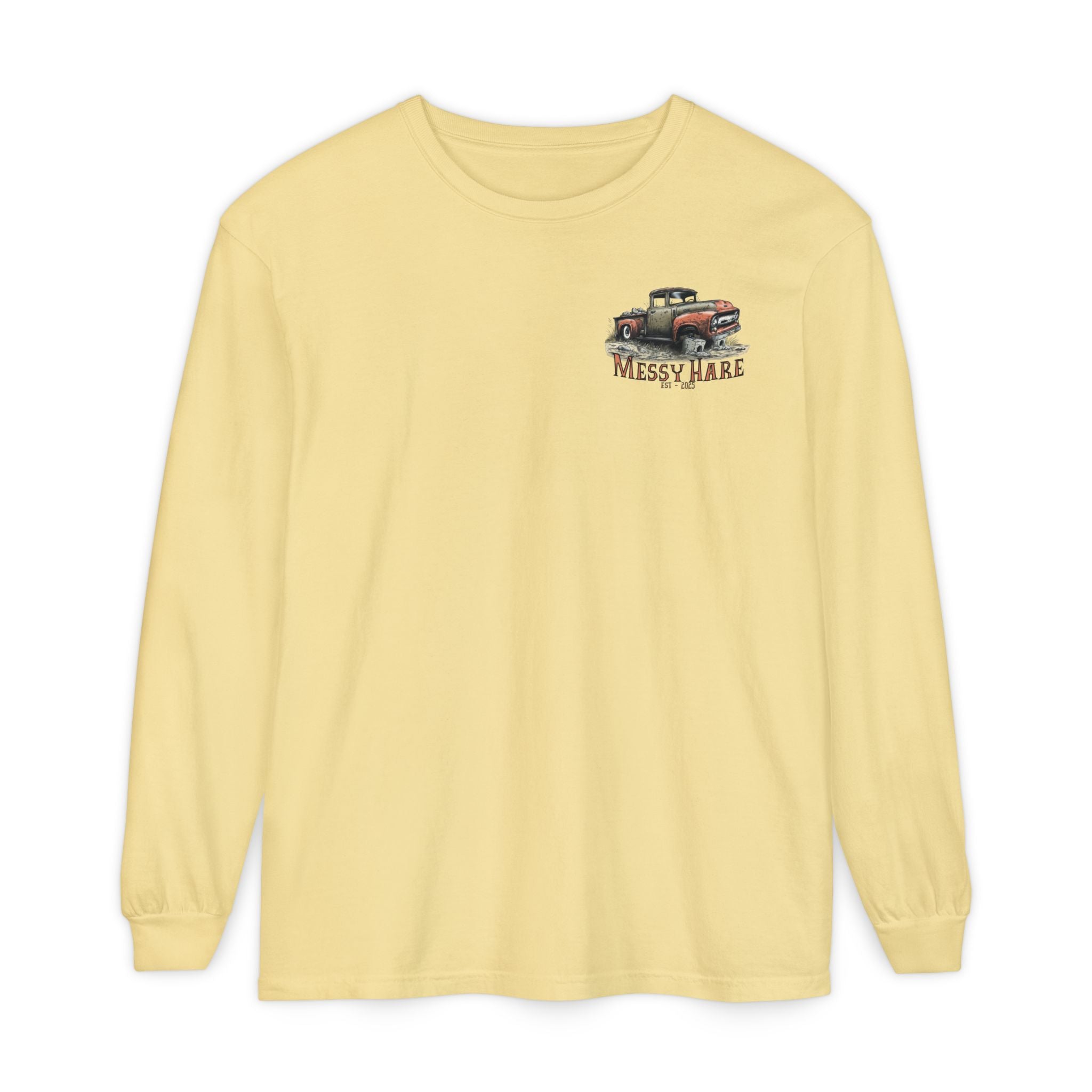 Yellow long-sleeve shirt with a graphic of a truck and 'Messy Haas' text on a white background