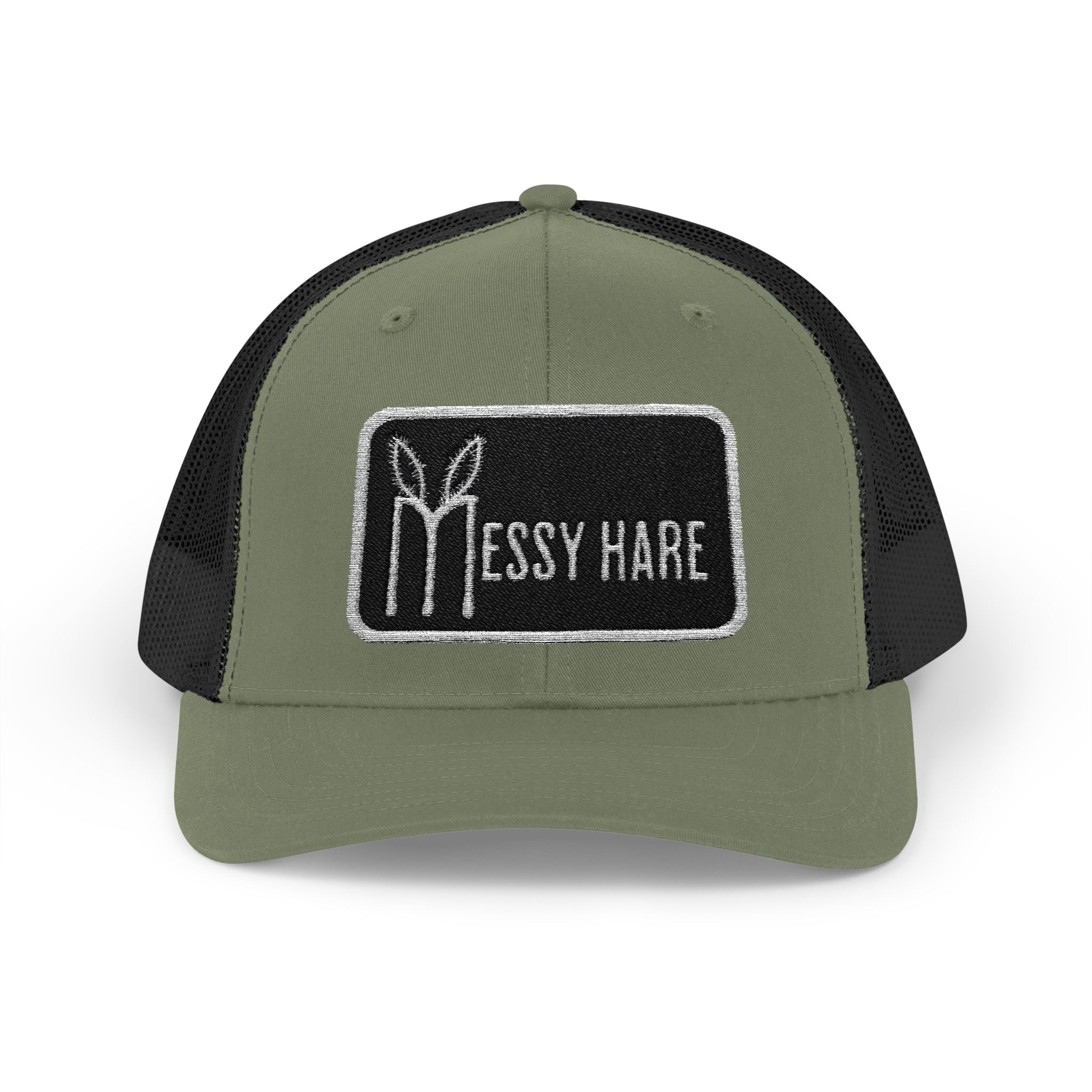 Green and black cap with 'Messy Hare' logo on a white background