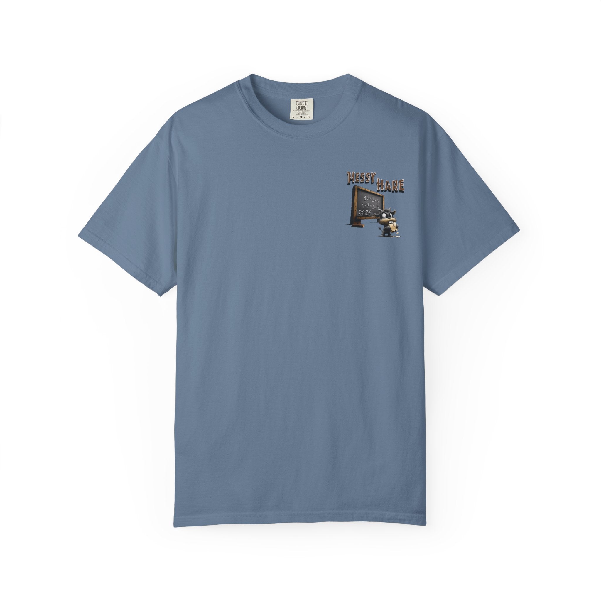 Blue t-shirt with a graphic design on a white background