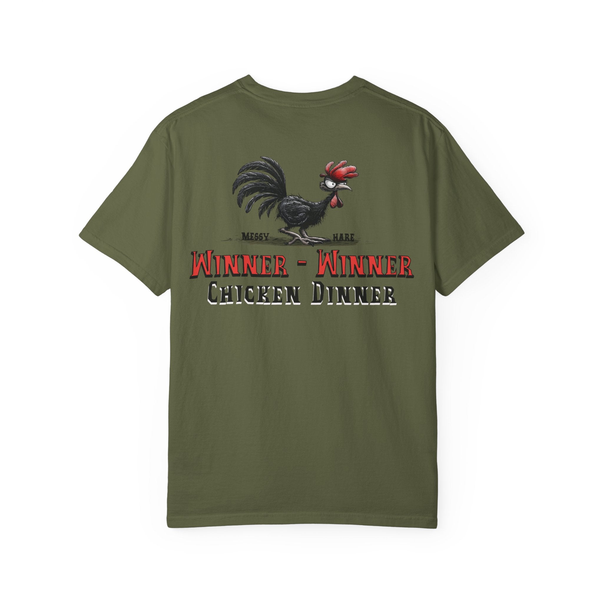 Green t-shirt with a rooster graphic and text on the back, on a white background