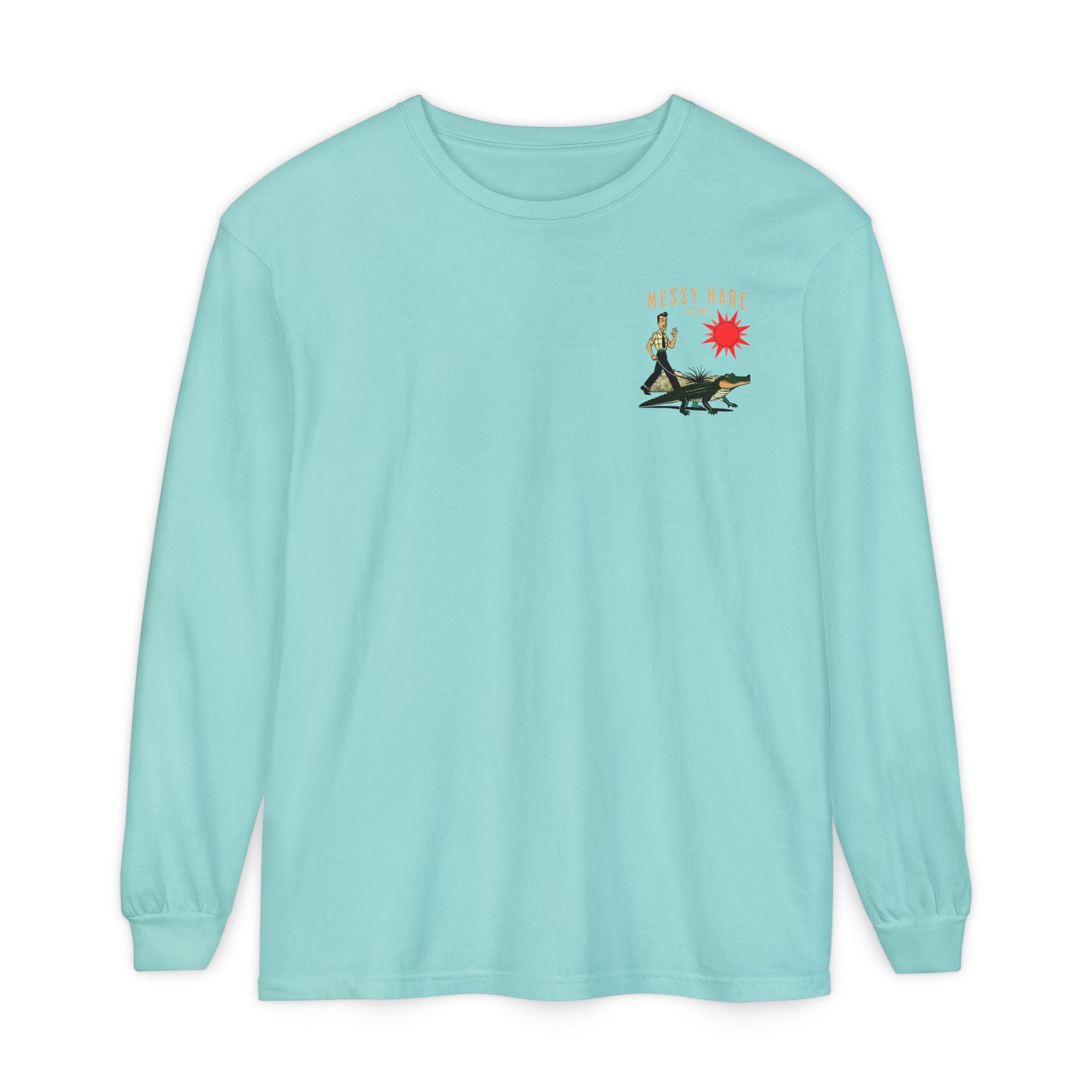 Light blue long-sleeve shirt with graphic design on a white background