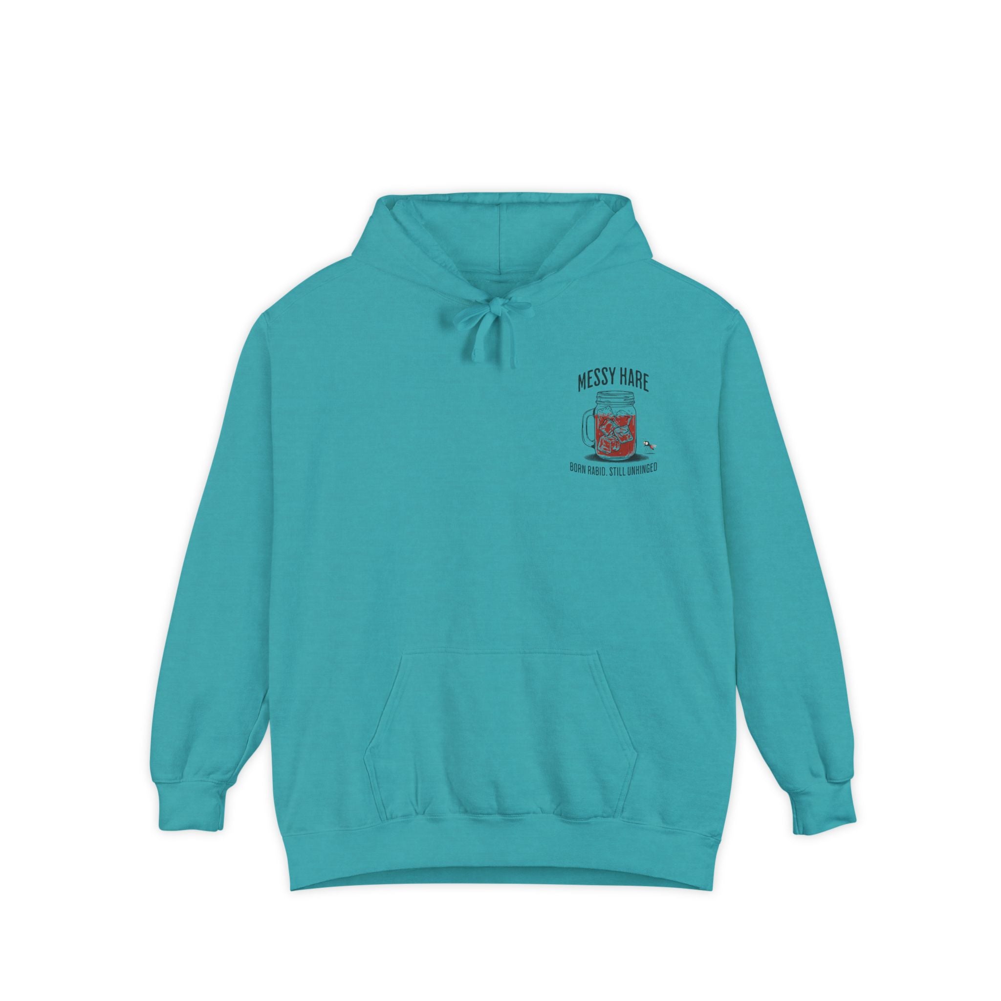 Teal hoodie with a logo on the chest against a white background