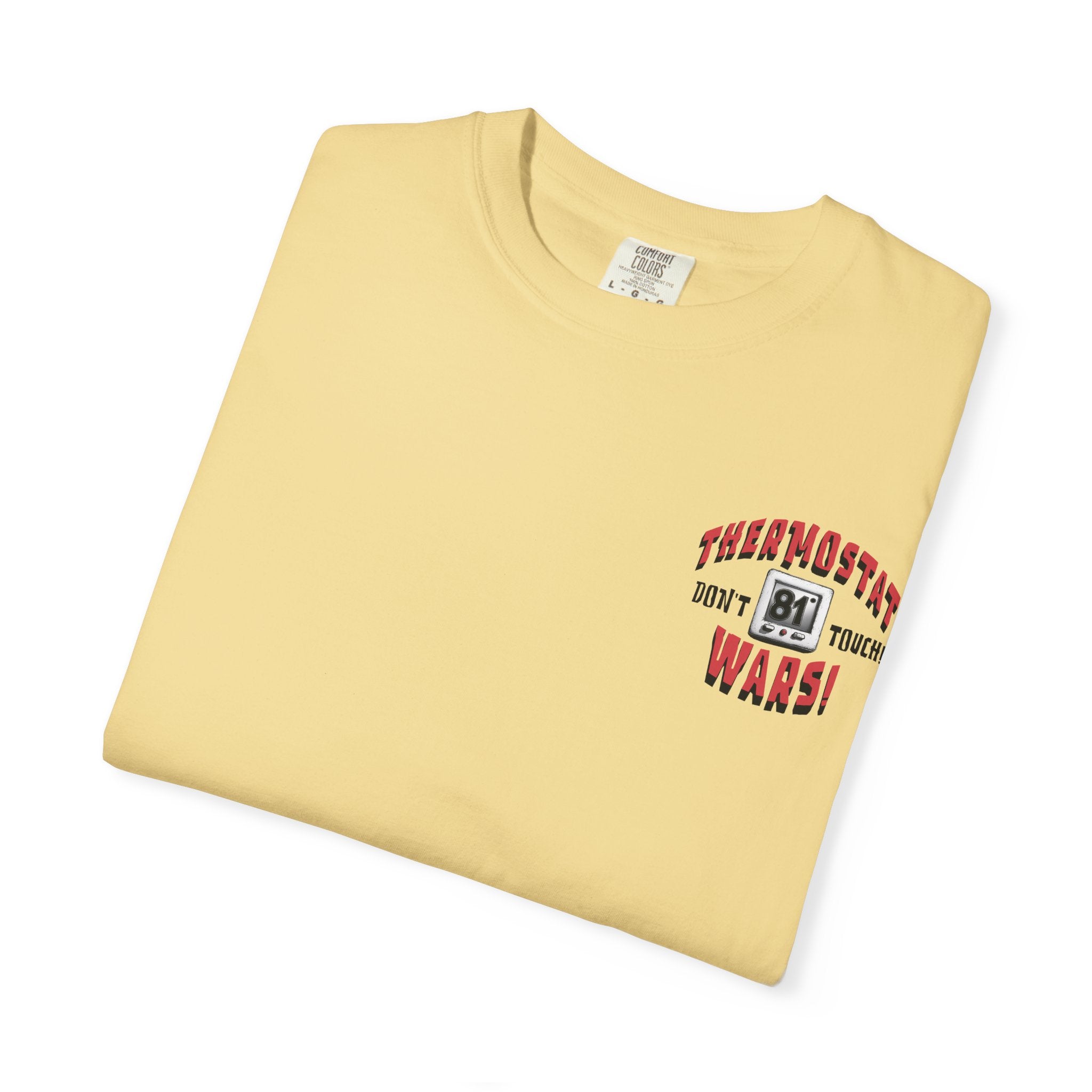 Folded yellow t-shirt with text and graphic on a white background