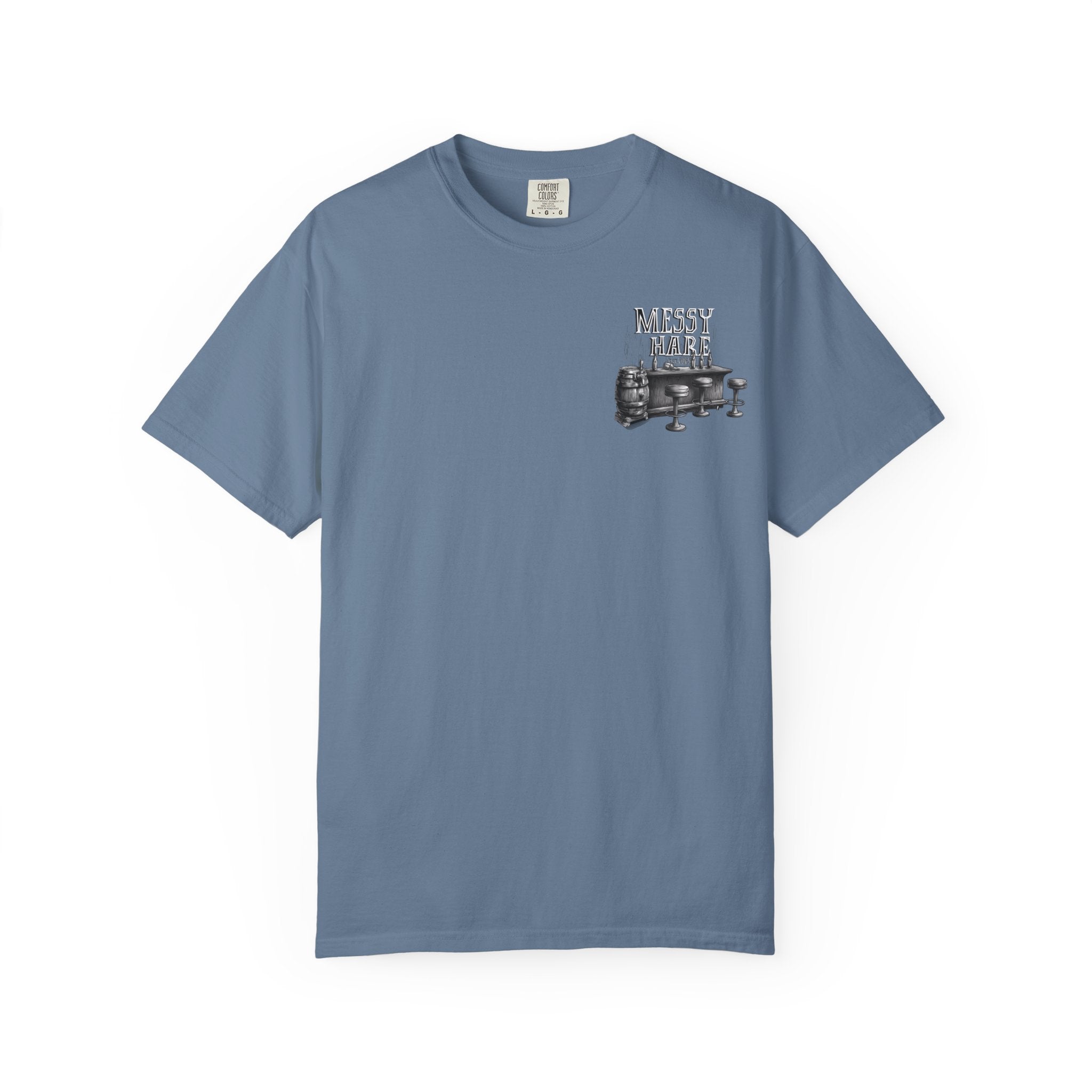 Blue t-shirt with graphic design and text on a white background