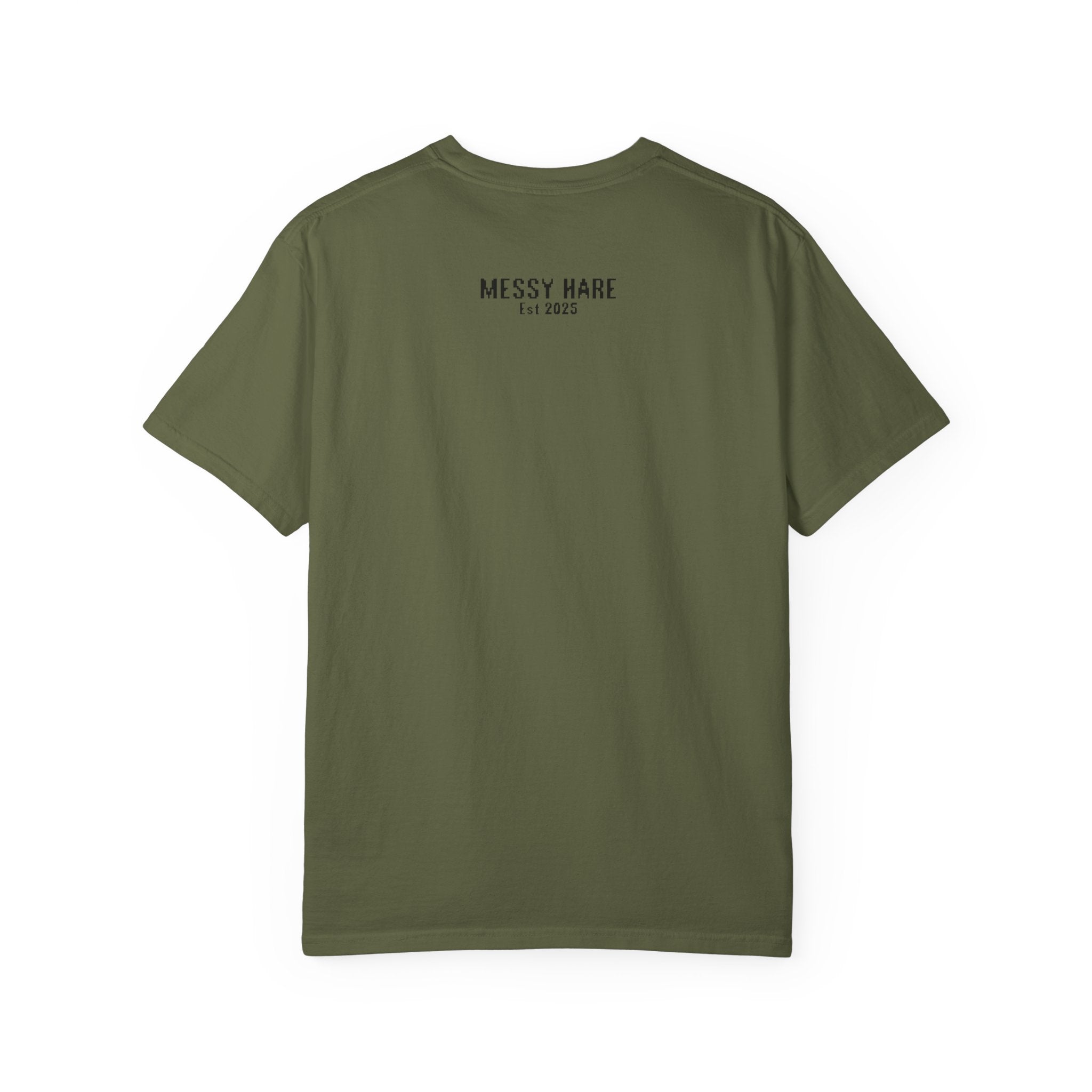Green t-shirt with 'Messy Hare' logo on the back against a white background