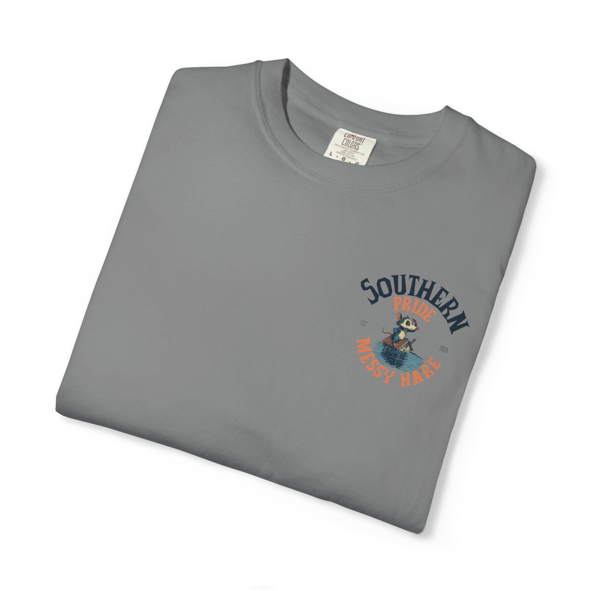 Folded gray t-shirt with a graphic design on a white background