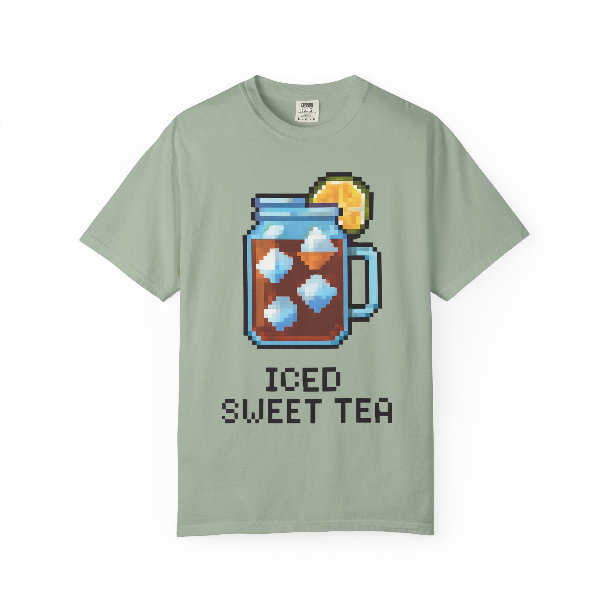 Light green t-shirt with pixel art of iced sweet tea and text on a white background
