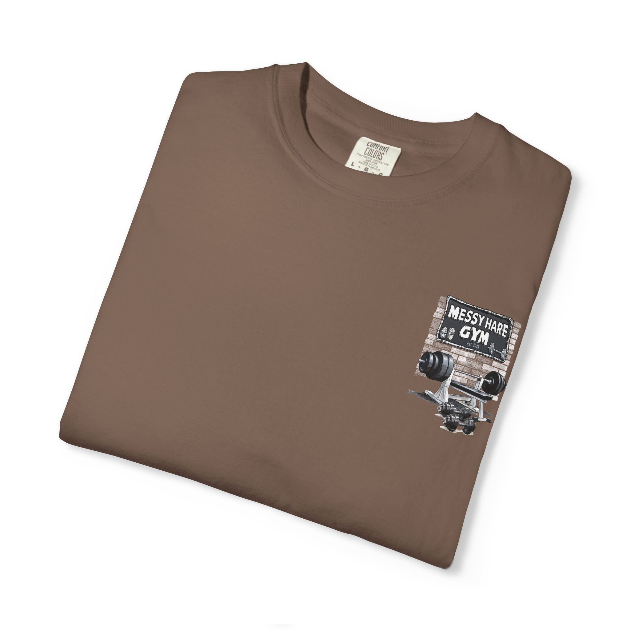 Folded brown t-shirt with graphic design on a white background