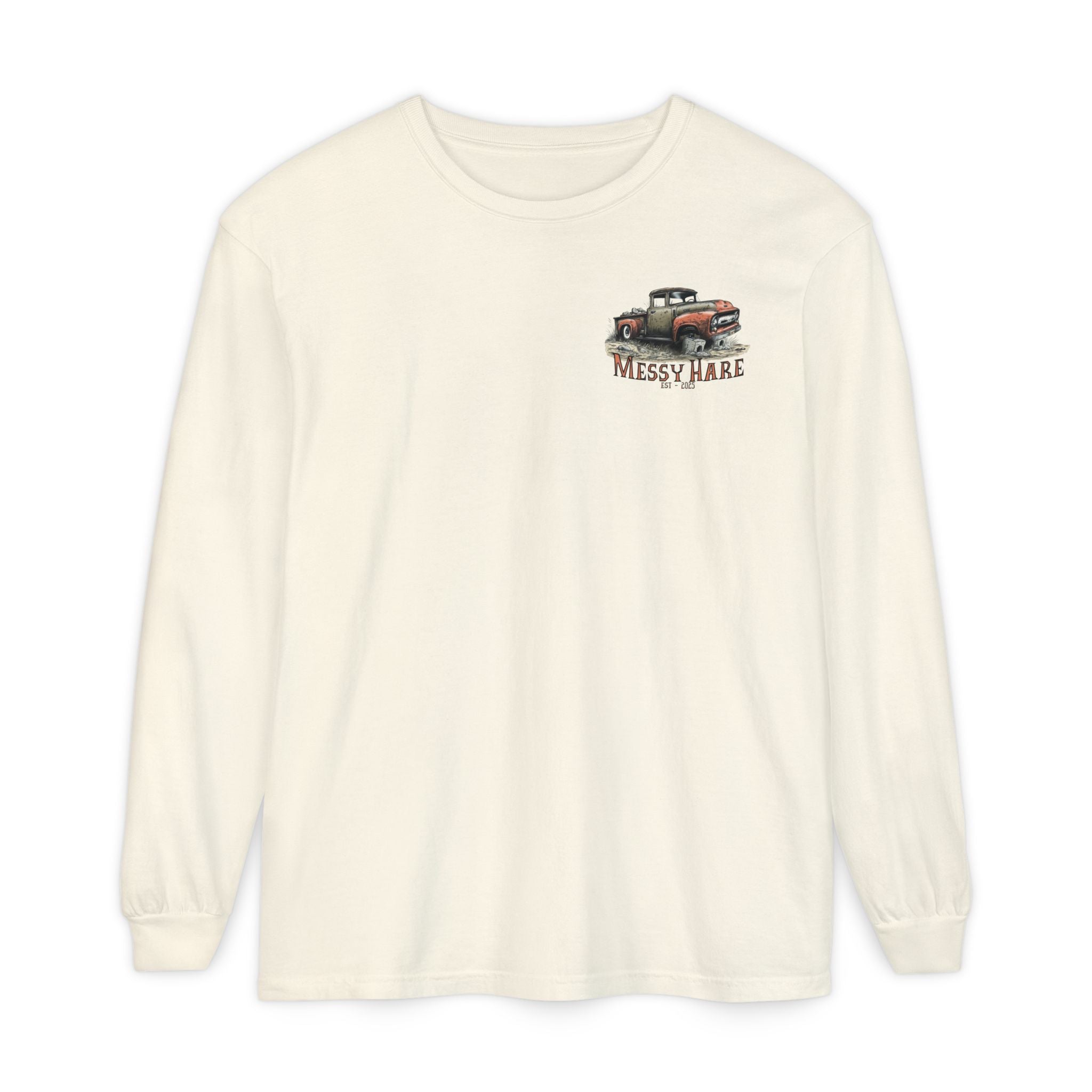 White long-sleeve shirt with graphic design on a white background