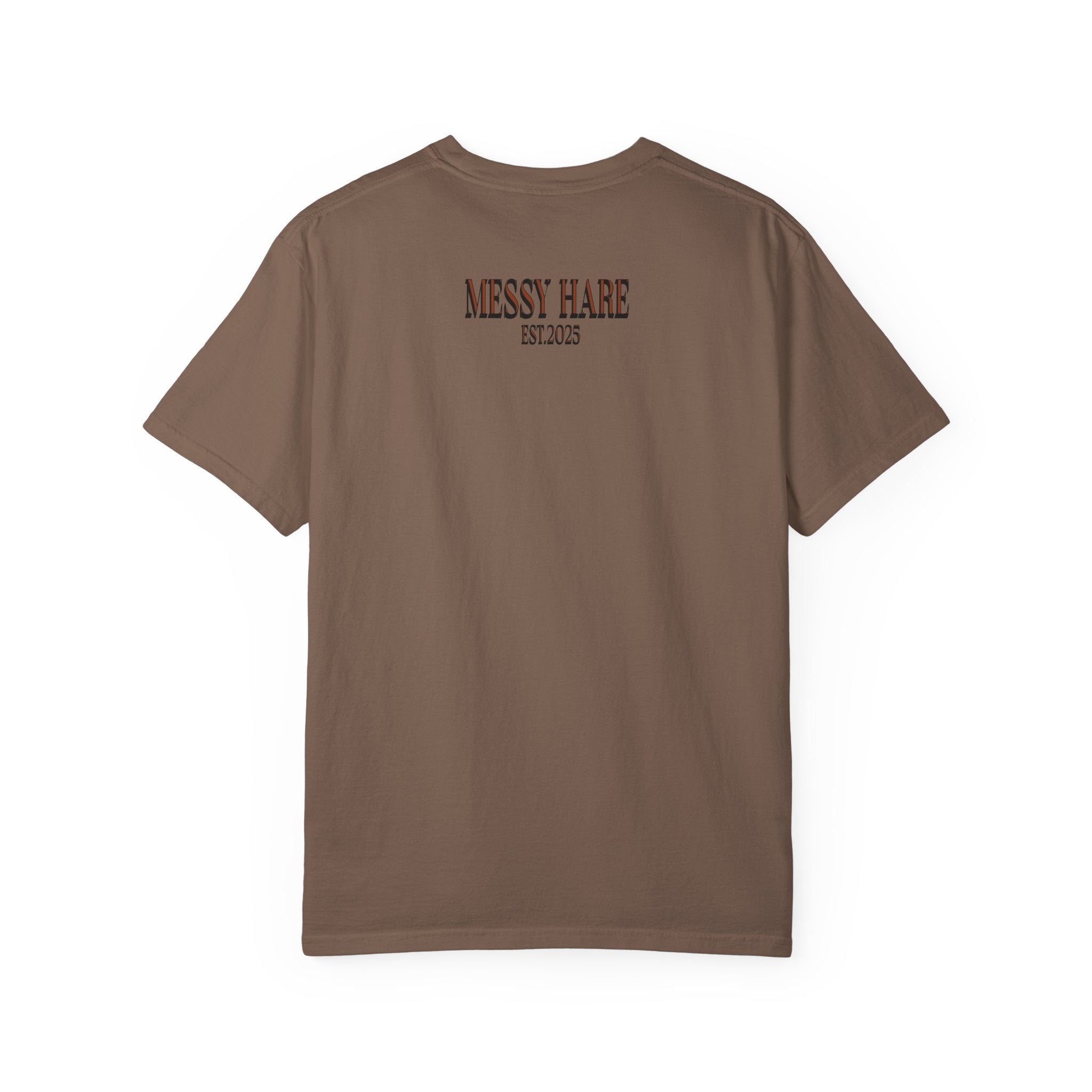 Brown t-shirt with 'Messy Hare' text on the back against a white background