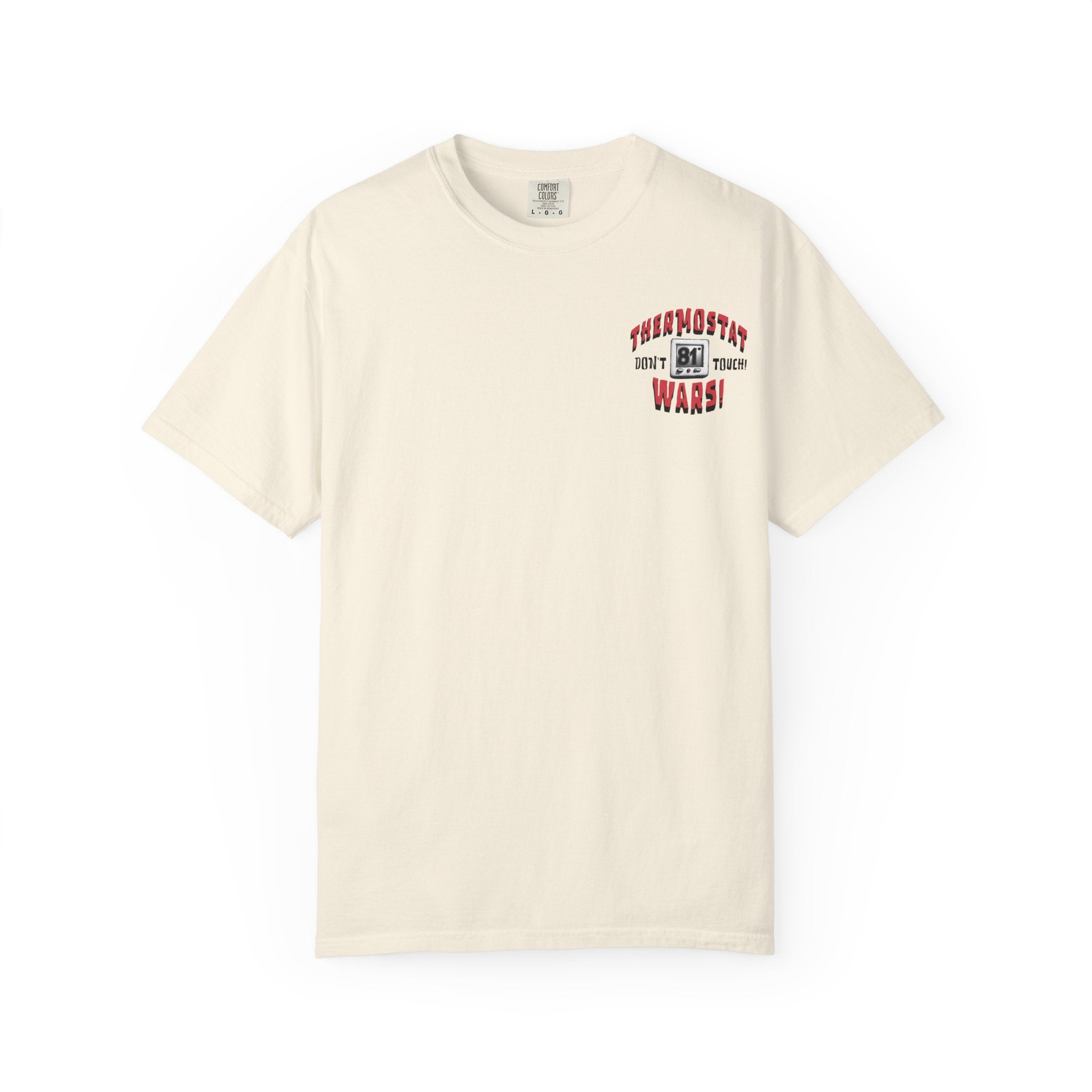Beige t-shirt with red and black text on a white background