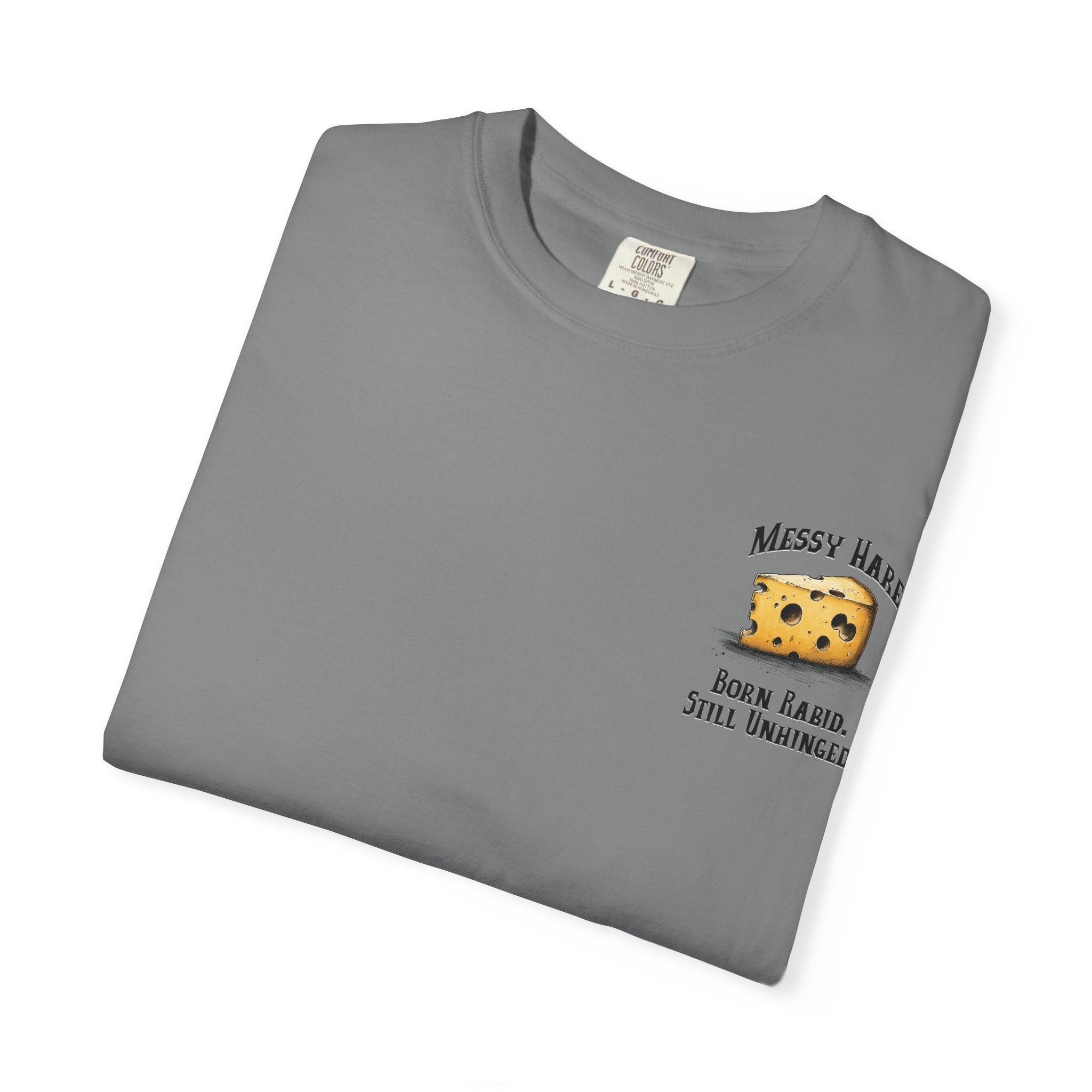 Folded gray t-shirt with a graphic and text on a white background