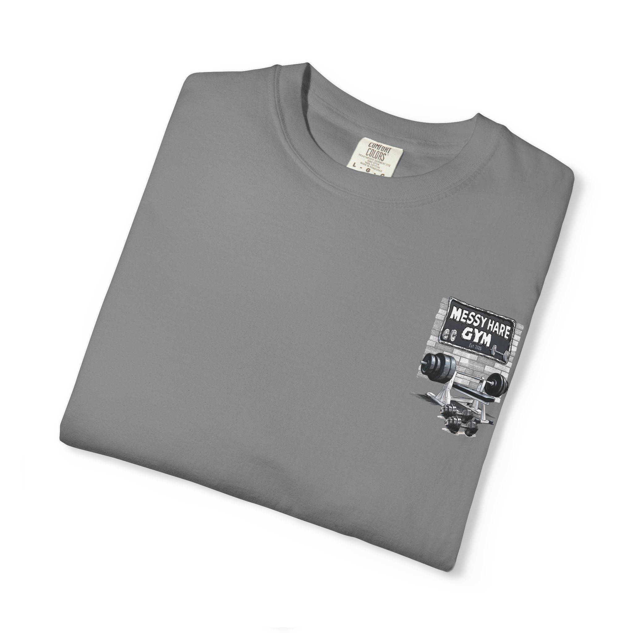 Folded gray t-shirt with graphic design on a white background
