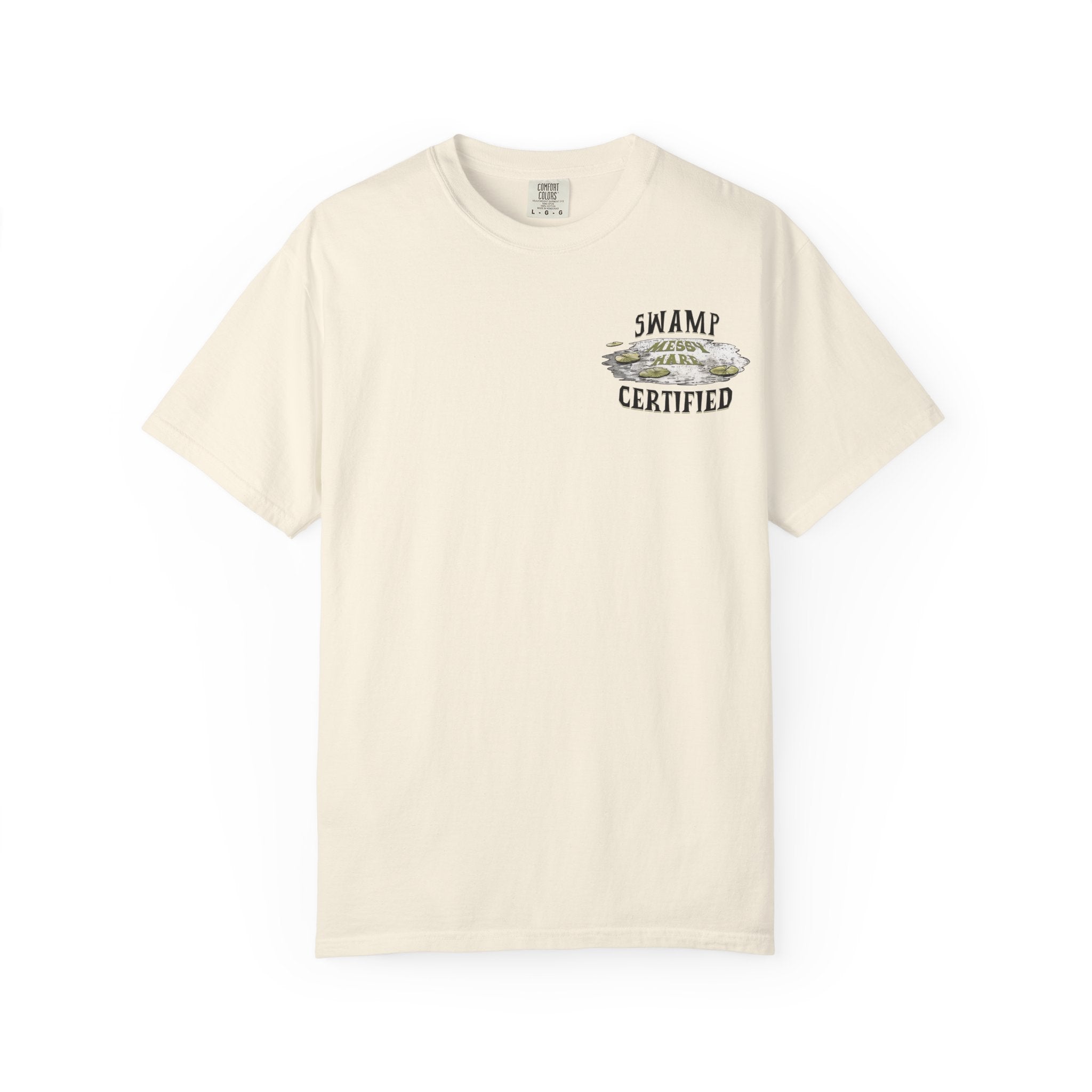Beige t-shirt with a graphic design on a white background