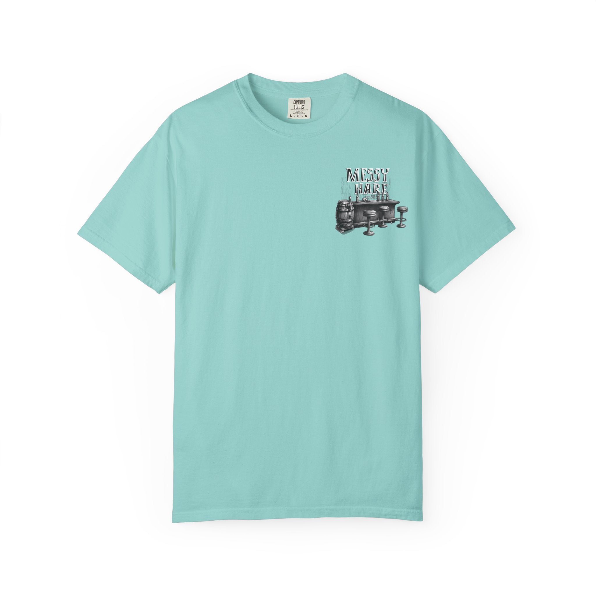 Light blue t-shirt with a graphic design on a white background